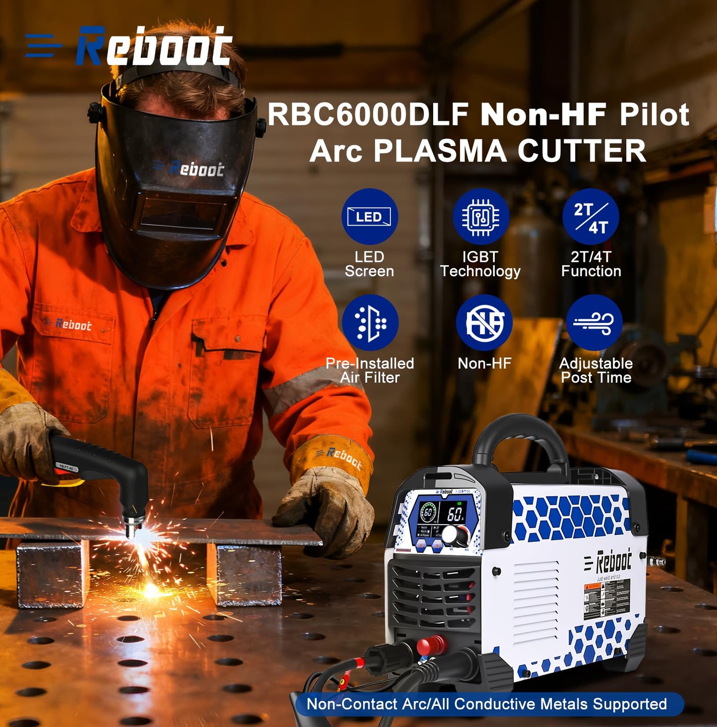 Reboot Plasma Cutter Non-High Frequency Non-Touch Blow Back Pilot Arc, 1" (25mm) Max Cut 5/8 Inch Clean Cut, 2T/4T, Large LED Display Gouging/Marking/Mesh Plate Cutting 120V/240V Dual Voltage