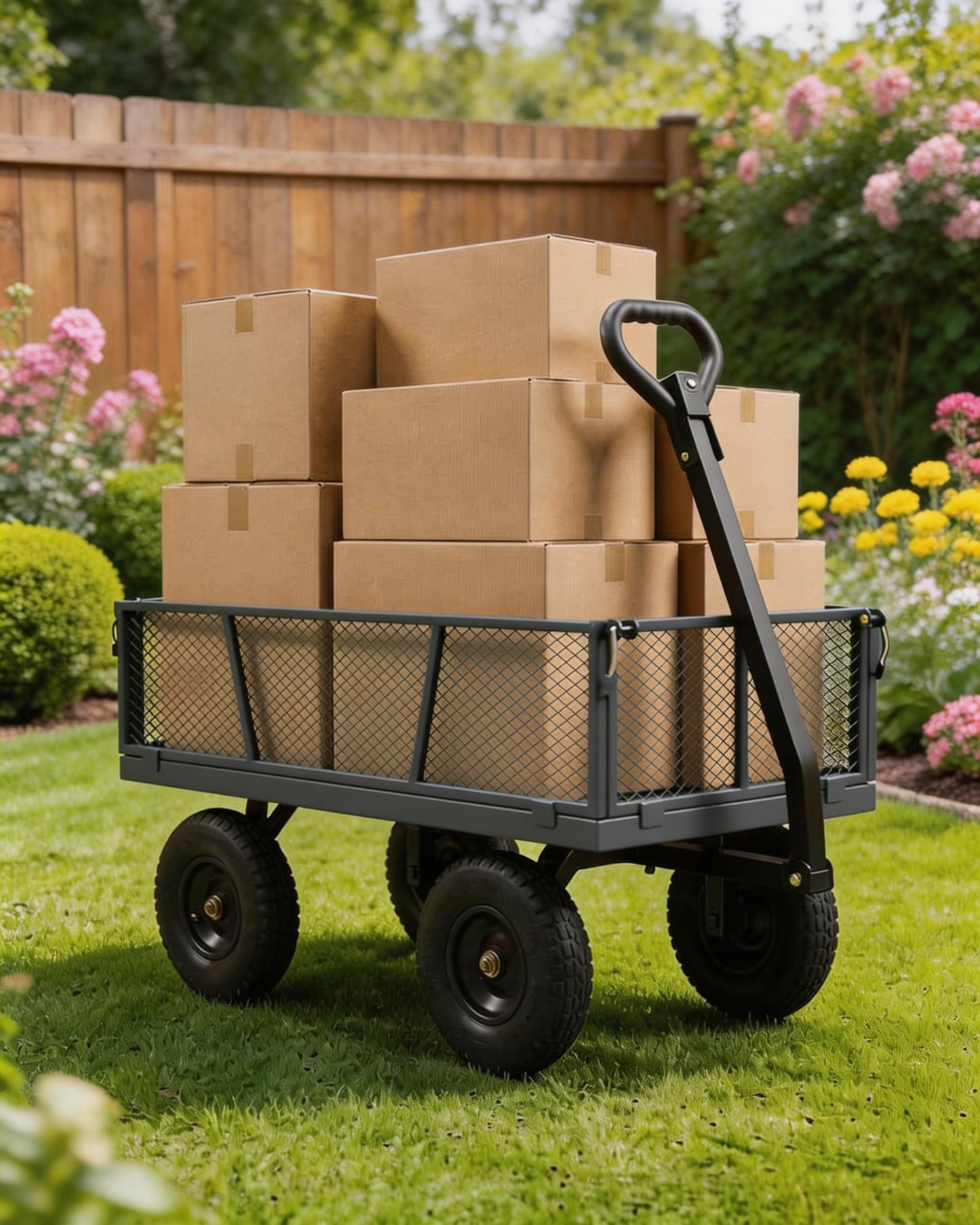 GarveeTech 800LBS Heavy Duty Steel Garden Cart, Garden Wagon Cart on Wheels, Metal Yard Utility Wagon with Removable Mesh Sides, 10" All Terrain Tires, 180° Rotating Handle for Lawn, Garden, Farm