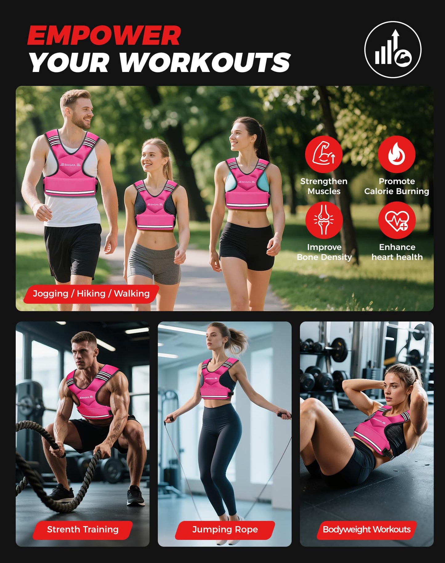 BAGAIL Adjustable Weighted Vest for Women 4-10lb, Comfortable U-Neck Rucking Vest with 6 Removable Weights, Storage Pocket and Reflective Strips for Walking, Jogging, Weight Loss & Home Workouts
