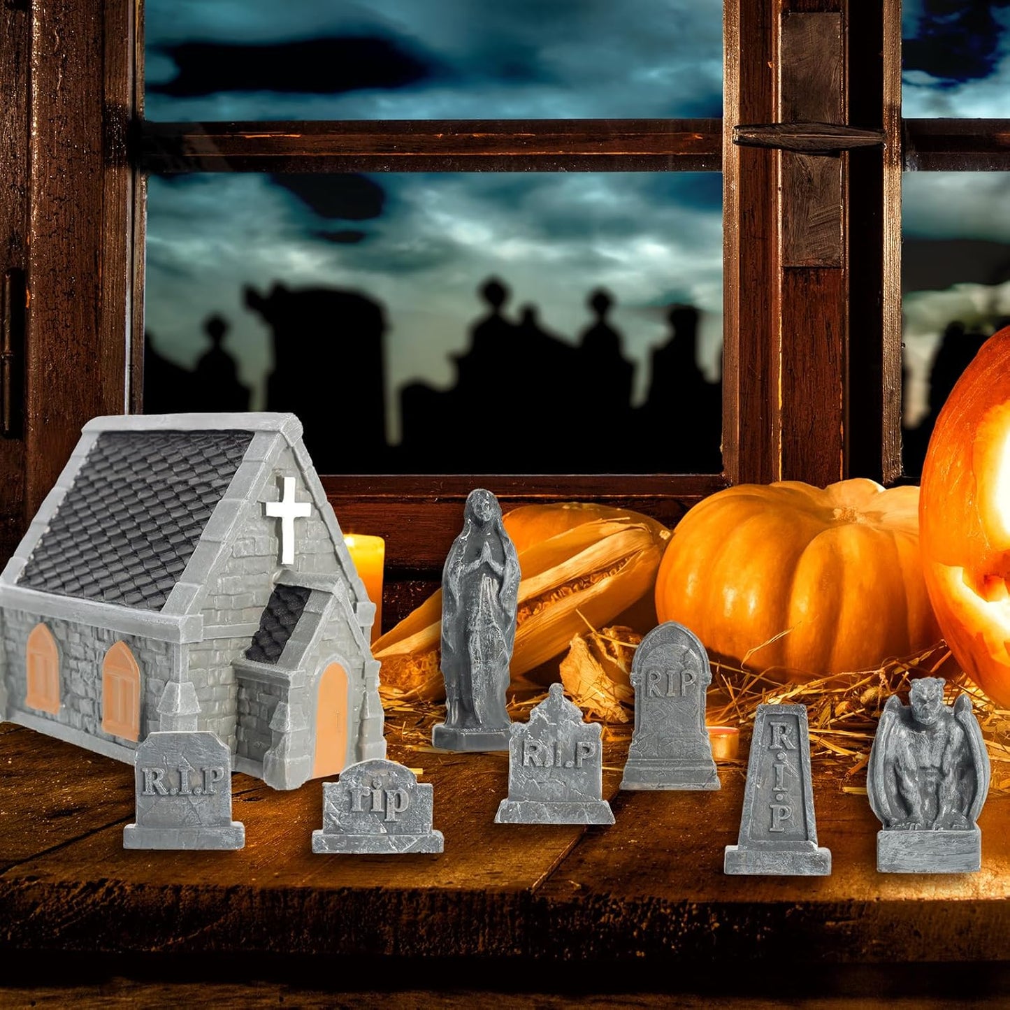 Rileryan Miniature Church Tombstones - 15 PCS Gargoyle & Virgin Figurines for Halloween Decor