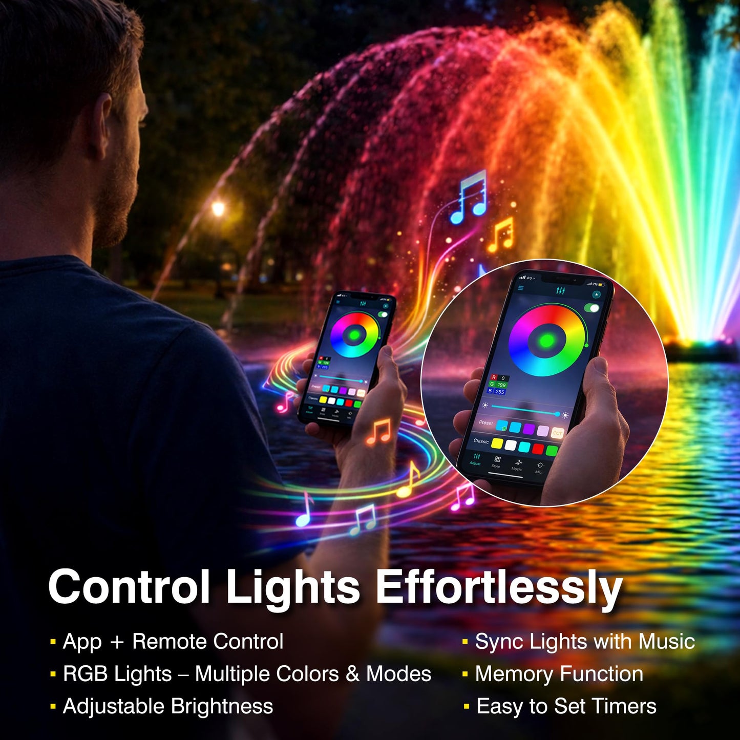 2HP Pond Fountain Aerator with 3 RGB LED Lights, 120V 30000 GPH Floating Water Pump, Automatic Aerating Pump for Large Ponds, Lakes, and Outdoor Water Features, with Controller, APP & Remote Control