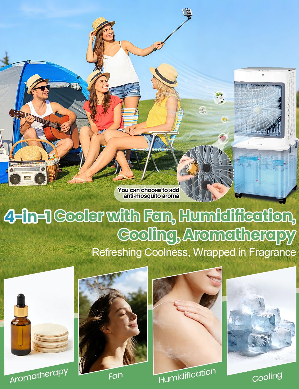 Swamp Cooler,Portable Air Conditioners Evaporative Air Cooler,Windowless Portable AC Unit Cooling Fans That Blow Cold Air With 10 Gallon WaterTank,Ultra Quiet for Room,Restaurant,Indoor,Outdoor,Garden