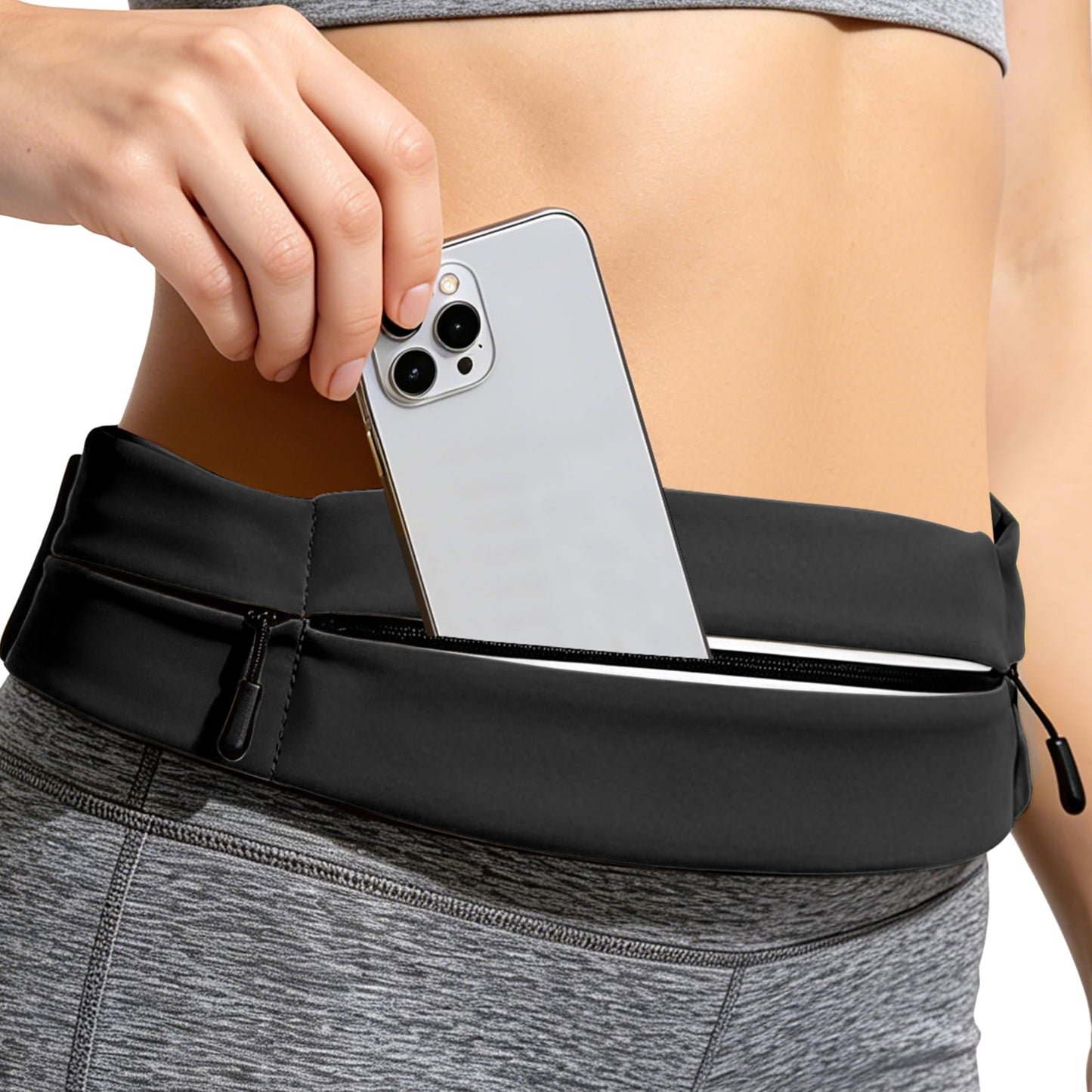 Running Belt for Men Women, Water-resistant Fanny Pack with 3 Zipper Pockets & Reflective Safety Strips, Adjustable Waist Pack Jogging Pouch for Phone, Keys & Essentials (Black, Large)