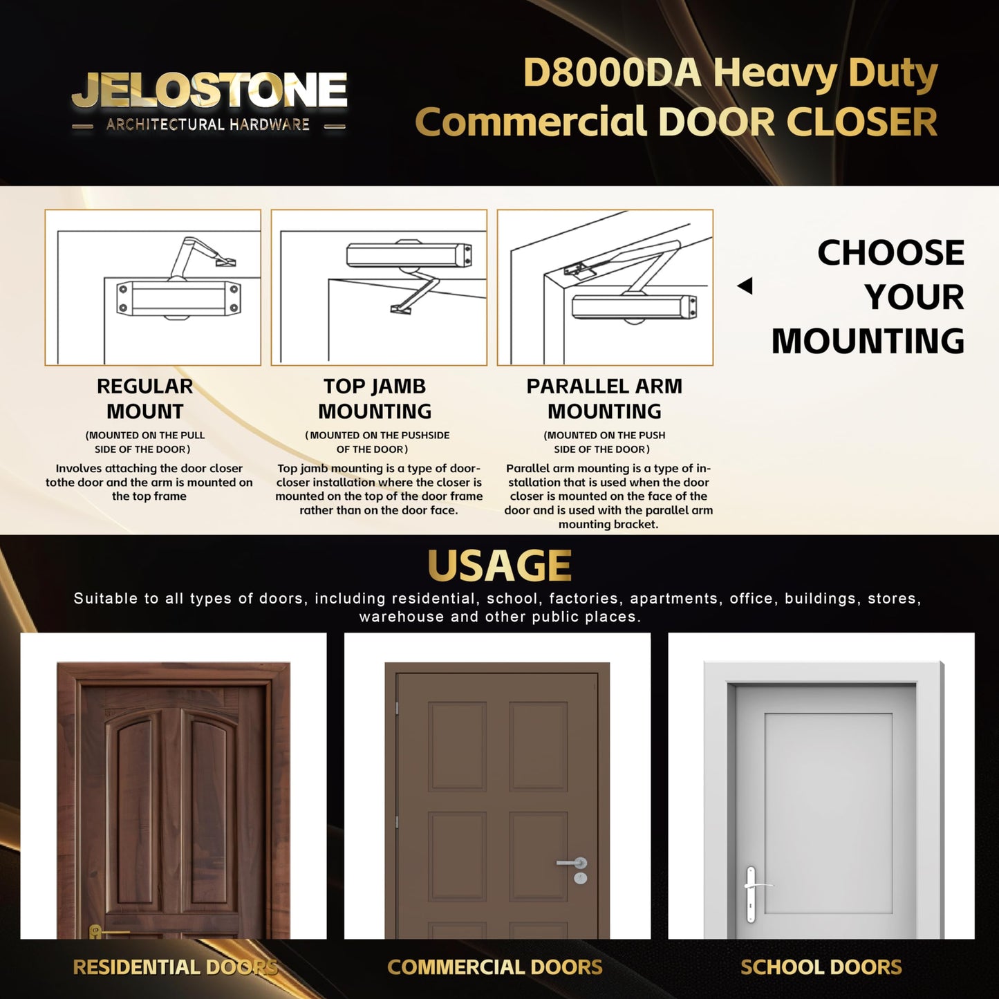 Heavy Duty, Commercial Door Closer D8000DA, ANSI Grade 1, UL 3 Hour Fire Rated, ADA Compliant, Delayed Action, Adjustable Spring Size 1-6 for Doors(44-330LB/30-60 in), Indoor/Outdoor (Brass Gold)