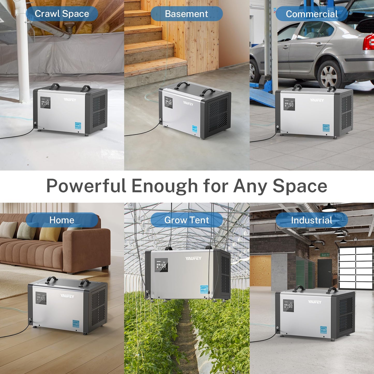 Yaufey 70 Pints Energy Star Commercial Dehumidifier with Drain Hose for 5000 Sq. Ft. Crawl Space, Basement, Industrial, 10-90% RH Humidity Control, 24/7 Continuous Drainage,TUV Certified,5-Yr Coverage