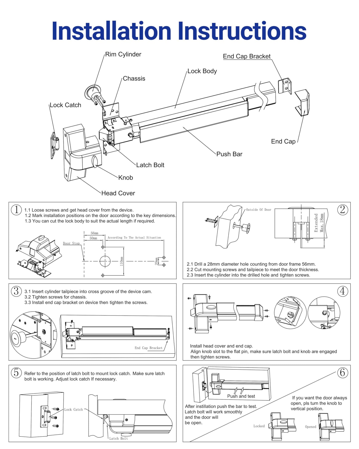Polar Tangro 31" Commercial Door Push Bar with All 304 Stainless Steel Tail Cover, Grade 1 Panic Exit Device with Exterior Lever Handle & 6 Keys, Heavy Duty Emergency Hardware for Metal/Wood Doors