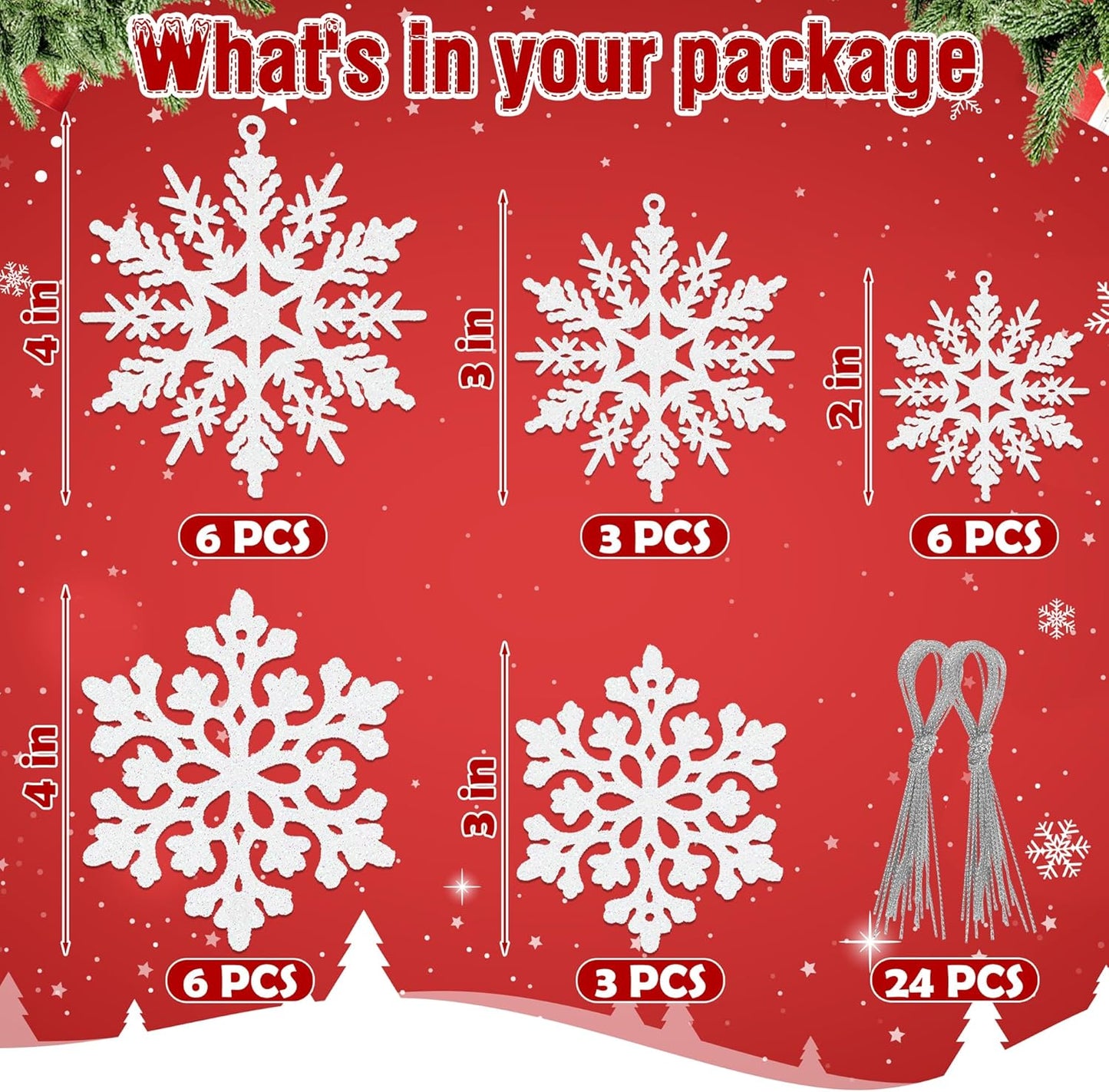 Skiennix 24PCS Snowflake Ornaments - Glittering White Plastic Tree Decorations for Winter Wonderland Decor