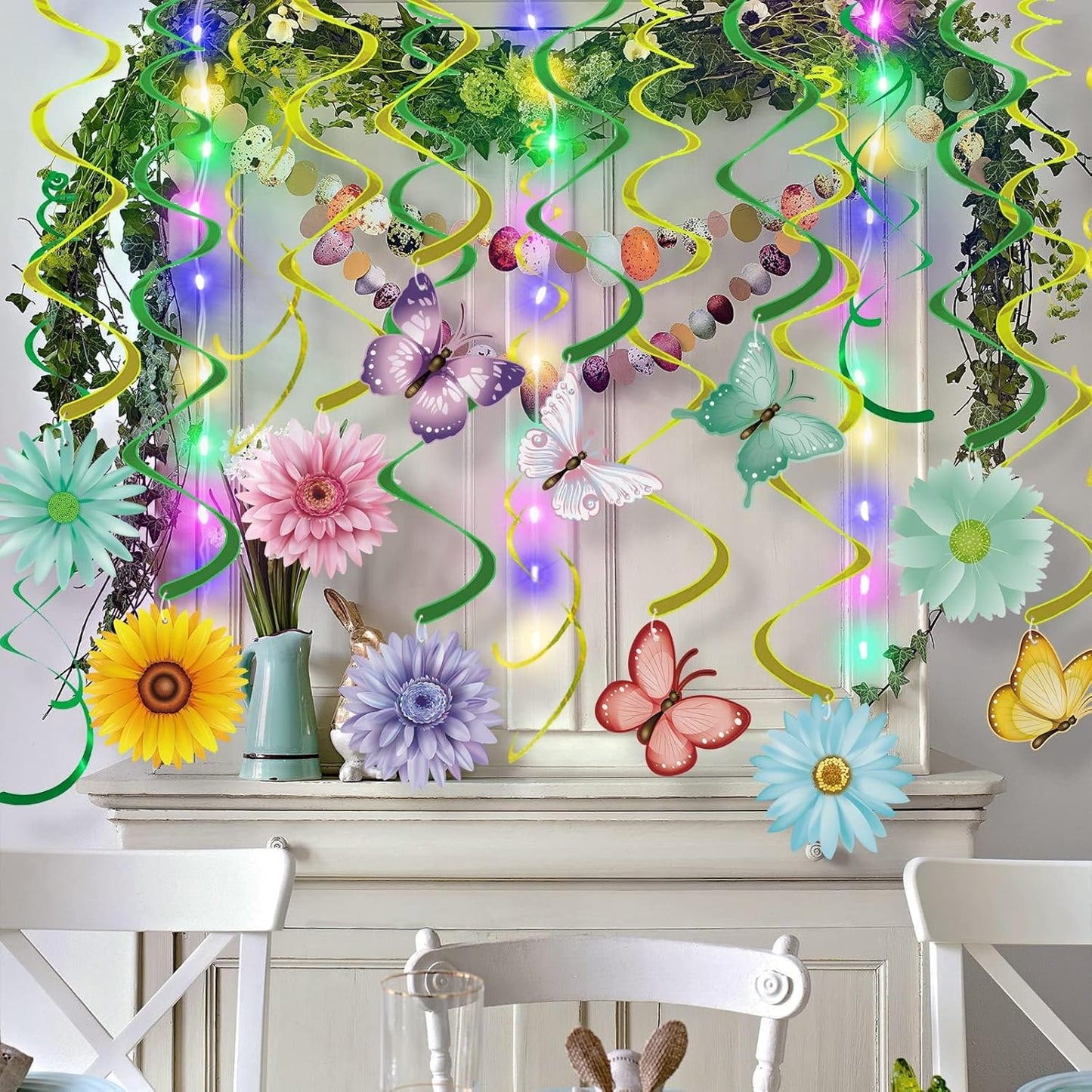 Skiennix 33-Piece Spring Hanging Decorations - Flower & Butterfly Swirls with LED Lights for Easter Parties