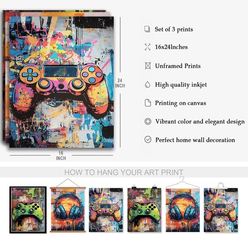 **Gaming Graffiti Canvas Wall Art - Cool Video Game Prints for Gamer Room | Unframed 16x24x3 Inch**