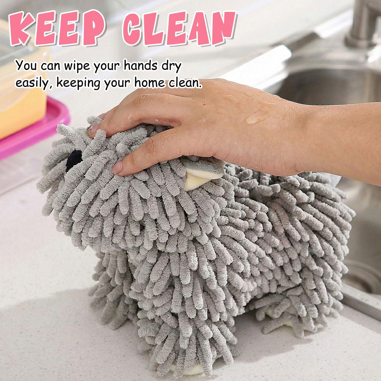 Tegeme 2 Pcs Chenille Dog Hand Towel Fuzzy Dog Towel Absorbent Microfiber Soft for Bathroom Kitchen Washstand (Grey Pink)