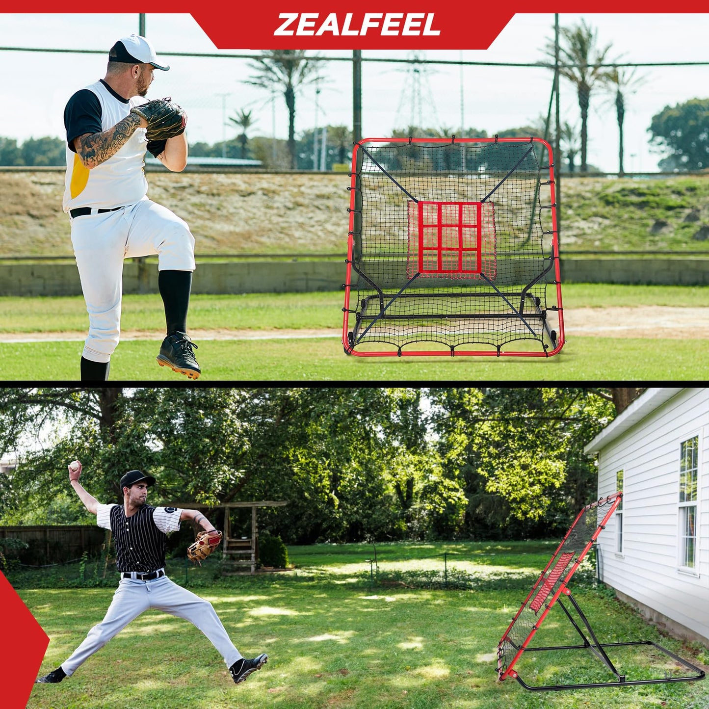 Baseball Rebounder Net, 3 Adjustable Angles 4x4.5FT Pitch Back Baseball Softball Volleyball Rebounder with 2 Strike Zones, UV Resistant, Pitchback Trainer for Ground, Line Drive & Fly Balls