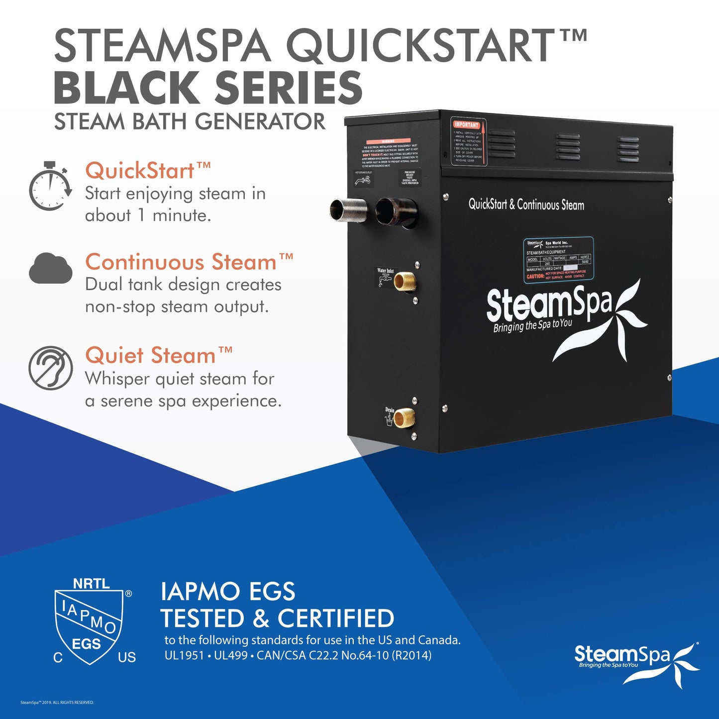 SteamSpa Generator with Quick Start Continuous Steam Technology, Wi-Fi, Bluetooth and Autodrain | 6kW Steam Generator with Brushed Nickel Steam Head with Aromatherapy Reservoir | FG-RVB600BN-A