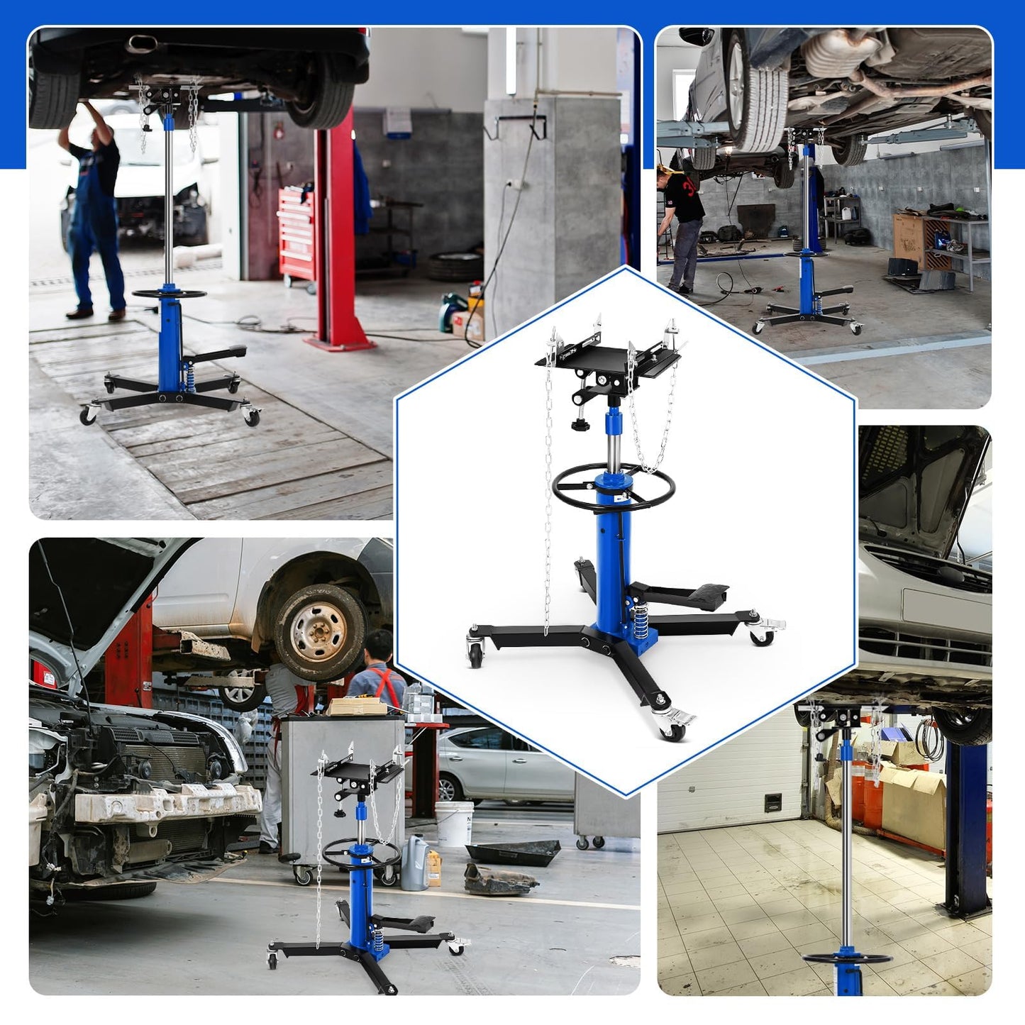 Hydraulic Transmission Jack, 1322 LB Capacity, 34-68 in, Heavy Duty Telescopic Transmission Jack Lift with Foot Pedal, 30° Tilt Saddle & 360° Swivel Wheels for Garage & Shop, Blue