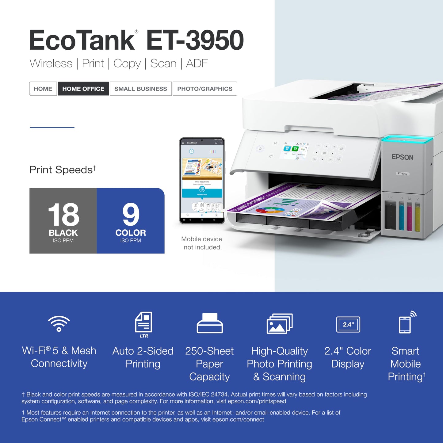 Epson EcoTank ET-3950 Wireless All-in-One Color Supertank Printer with up to 3 Years of Ink Refillable Tanks, Perfect for Home Office, 18 PPM, 2.4" Colorful Touchscreen, Auto Document Feeder - White