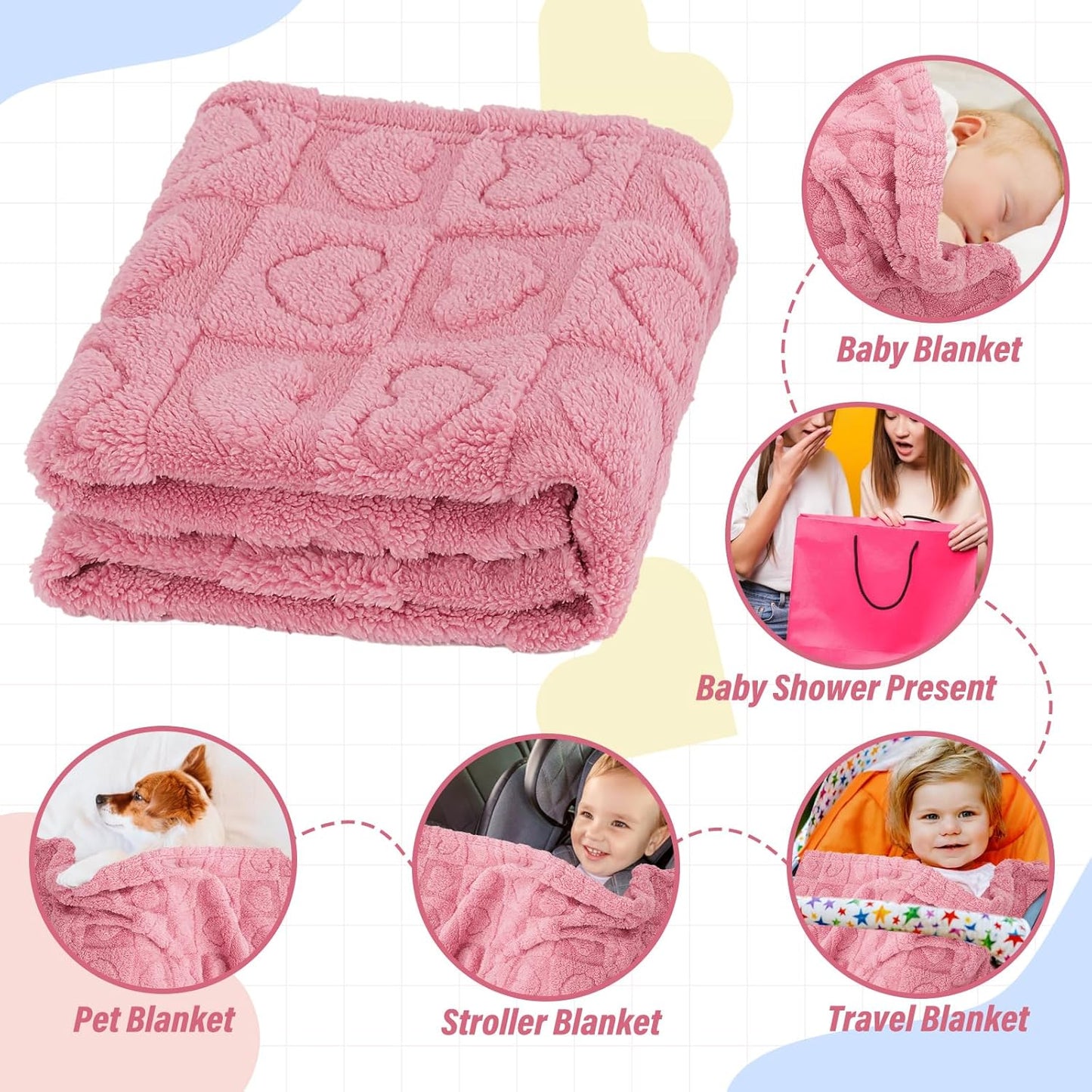 Skiennix Plush Soft Heart Checkered Baby Blanket - Warm, Lightweight Fleece for Infants | 30" x 39" Deep Pink