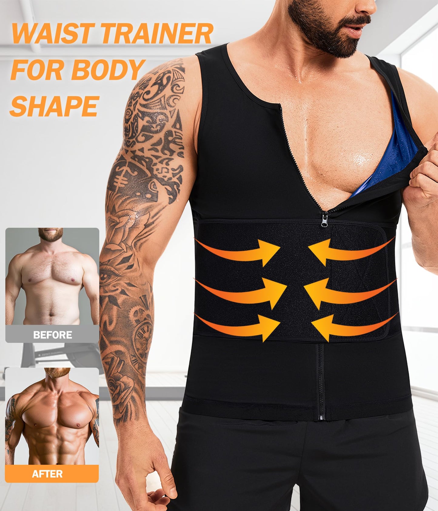FUXERT Sauna Vest for Men Waist Trainer Sauna Shirt for Men Zipper Sweat Belt Tank Top for Belly Fat(BK S/M)