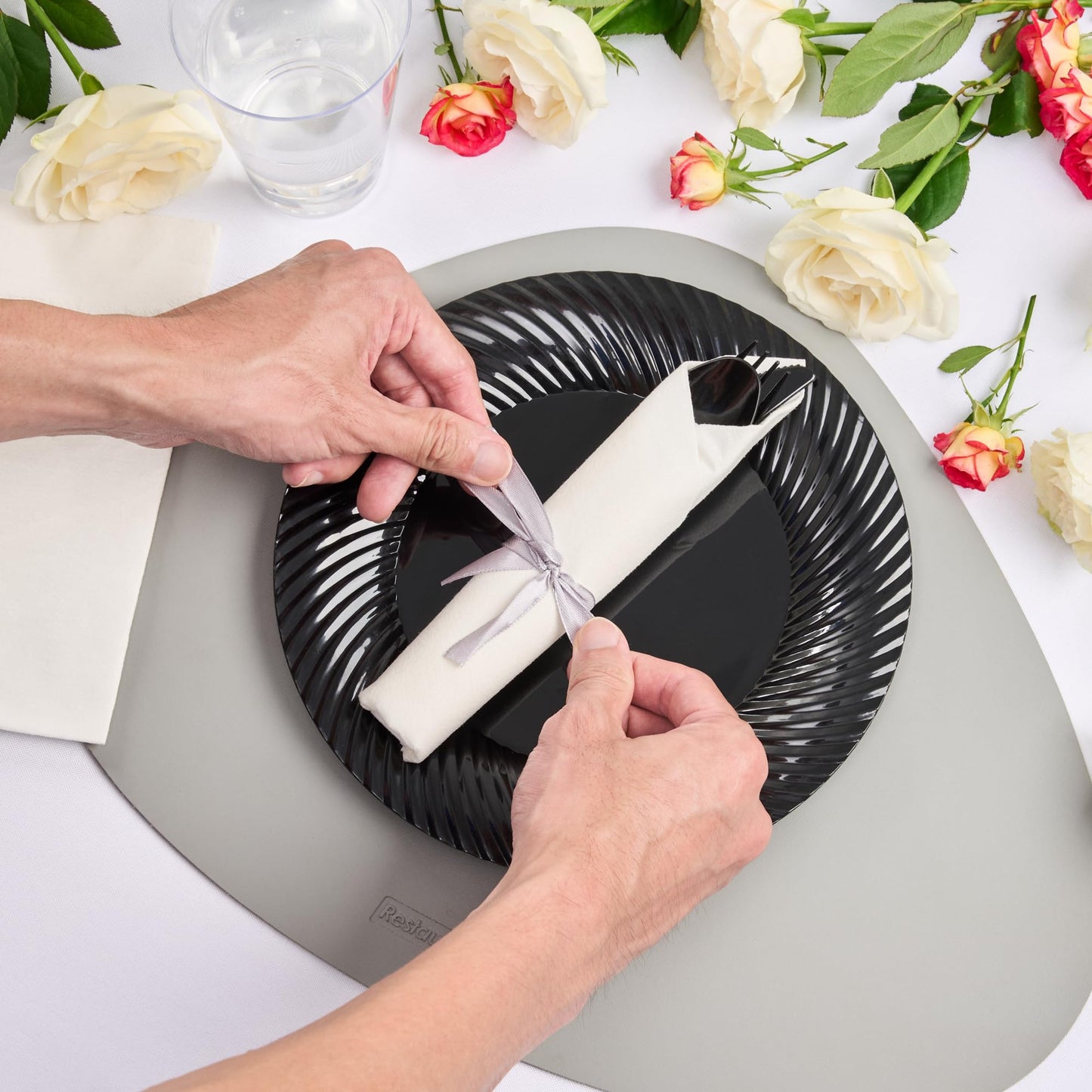 Restaurantware-7.3 Inch x 2 Inch Plastic Cutlery Sets, 100 Plastic Flatware Sets - Silver Ribbon, With White Napkin, Indivudally Wrapped, Black Plastic Disposable Cutlery Sets, For Weddings And Events