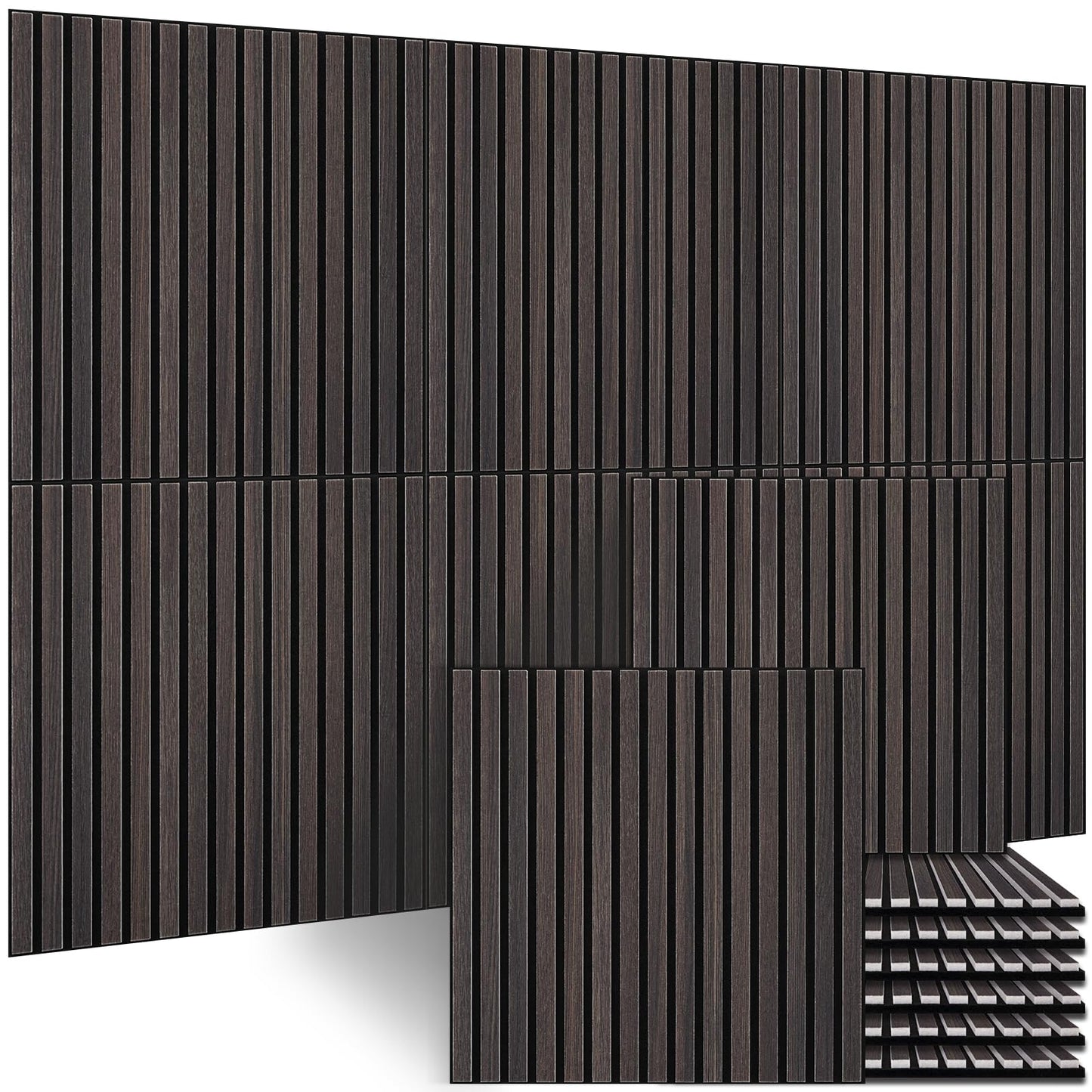 BUBOS Large Acoustic Wall Panels, 6-Pack 24" x 24" x 0.7" Faux Wood Slat Sound Absorbing Panels, High-Density Soundproof Wall Decor for Recording Studio, Home Theater & Gaming Room，Slat Flow Black Oak