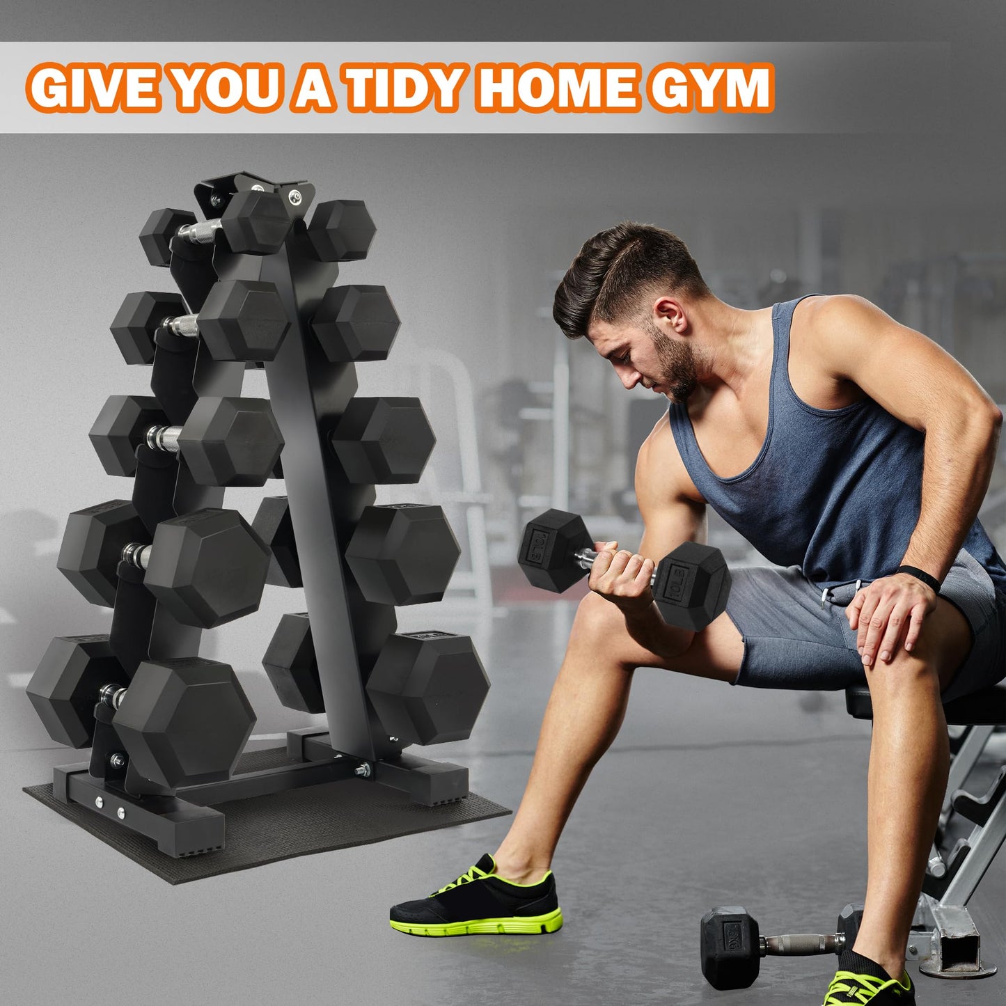 Fitvids Rubber Encased Hex Dumbbell Weight Set and Storage Rack, 150 LB (5-25lbs Pairs)