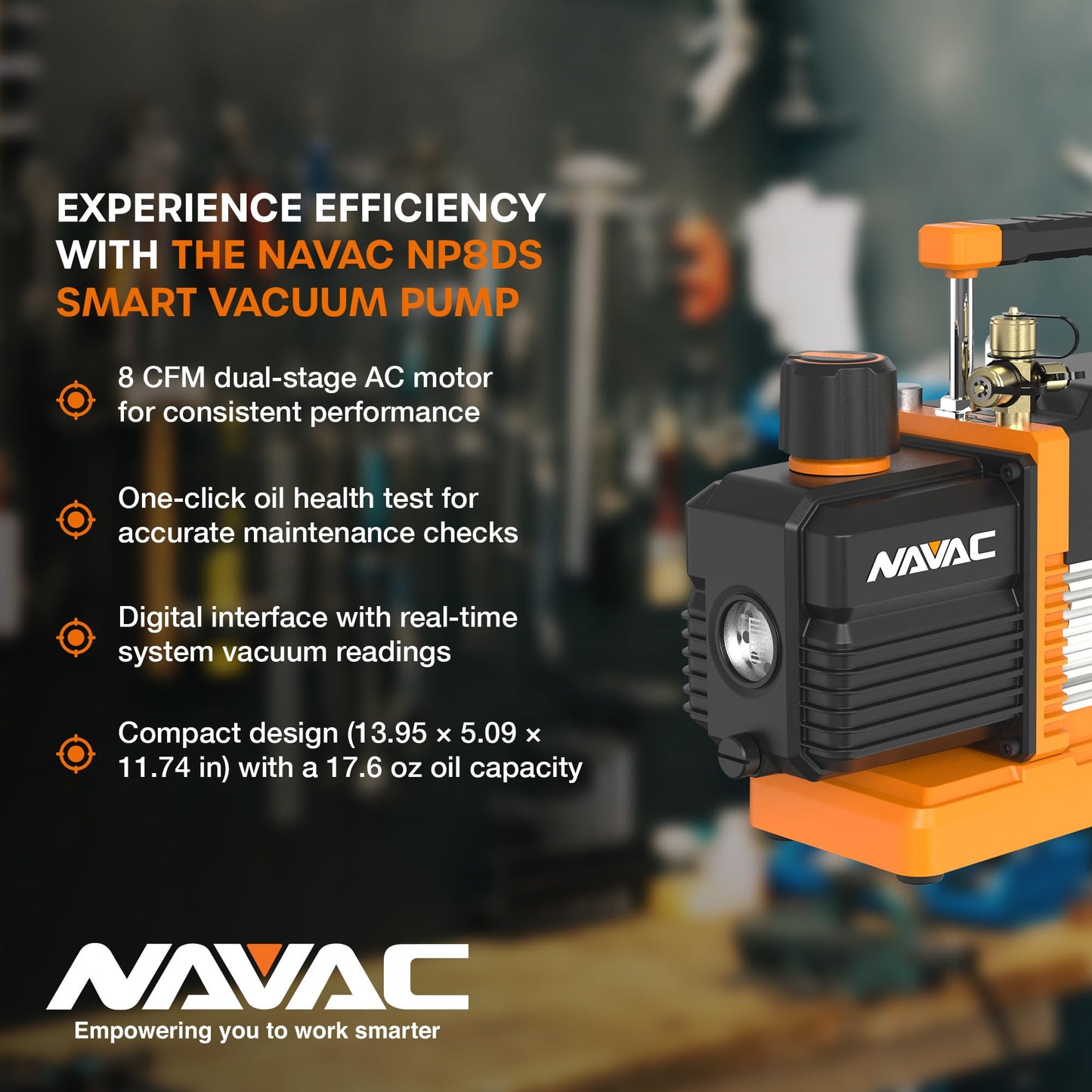 NAVAC Smart Vacuum Pump - 8 CFM Dual-Stage AC Motor, 15 Micron, Real-Time Readings with Digital Display & Compatible NMV1S Bluetooth Gauge, Compact HVAC Pump, Vacuum Gauge Not Included, 28.6 lbs