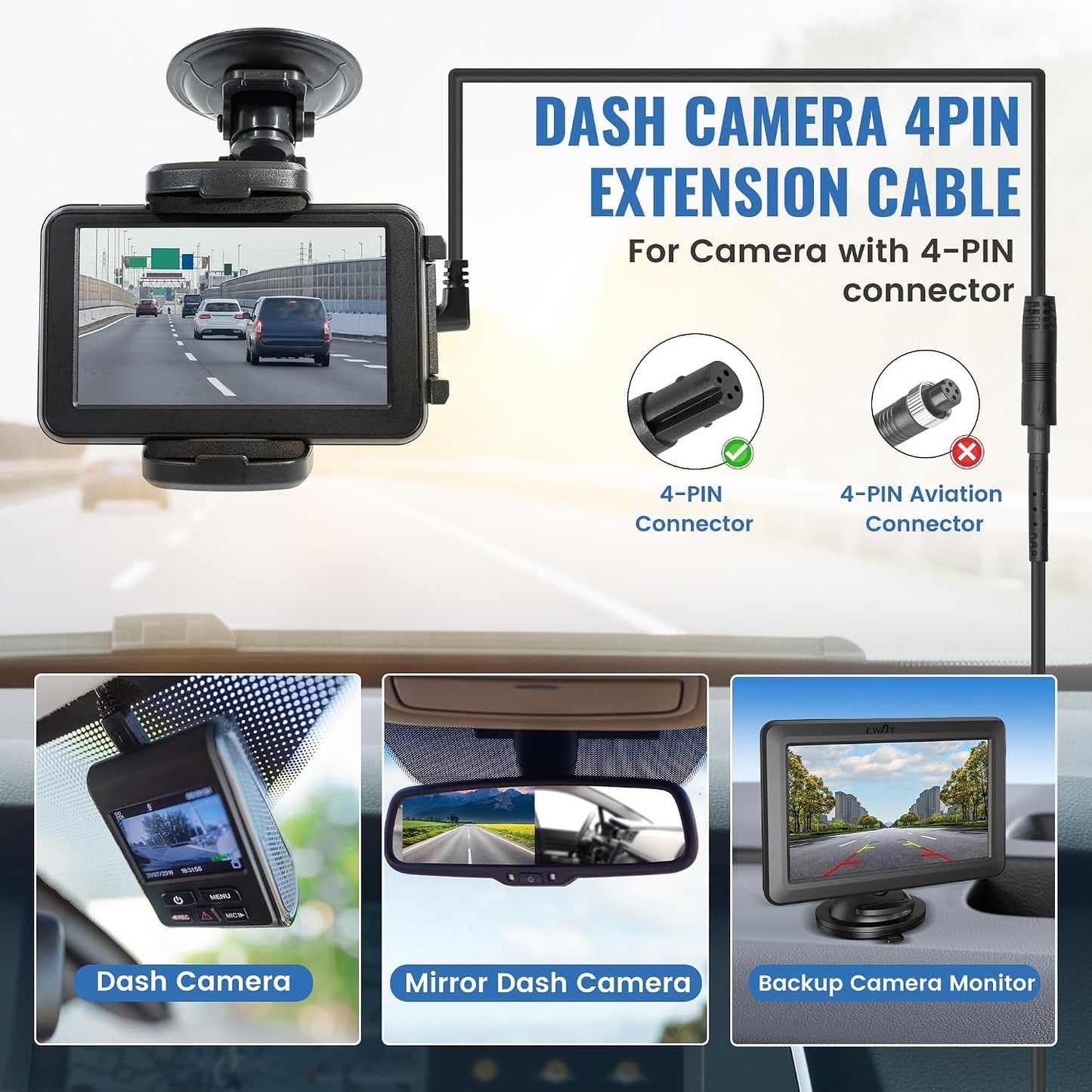 EWAY 4 (10FT/3M) 4PIN Pin Extension Cable for Dash Cam Rear View Backup Camera Reverse Car Recorder Mirror Dashcam Male