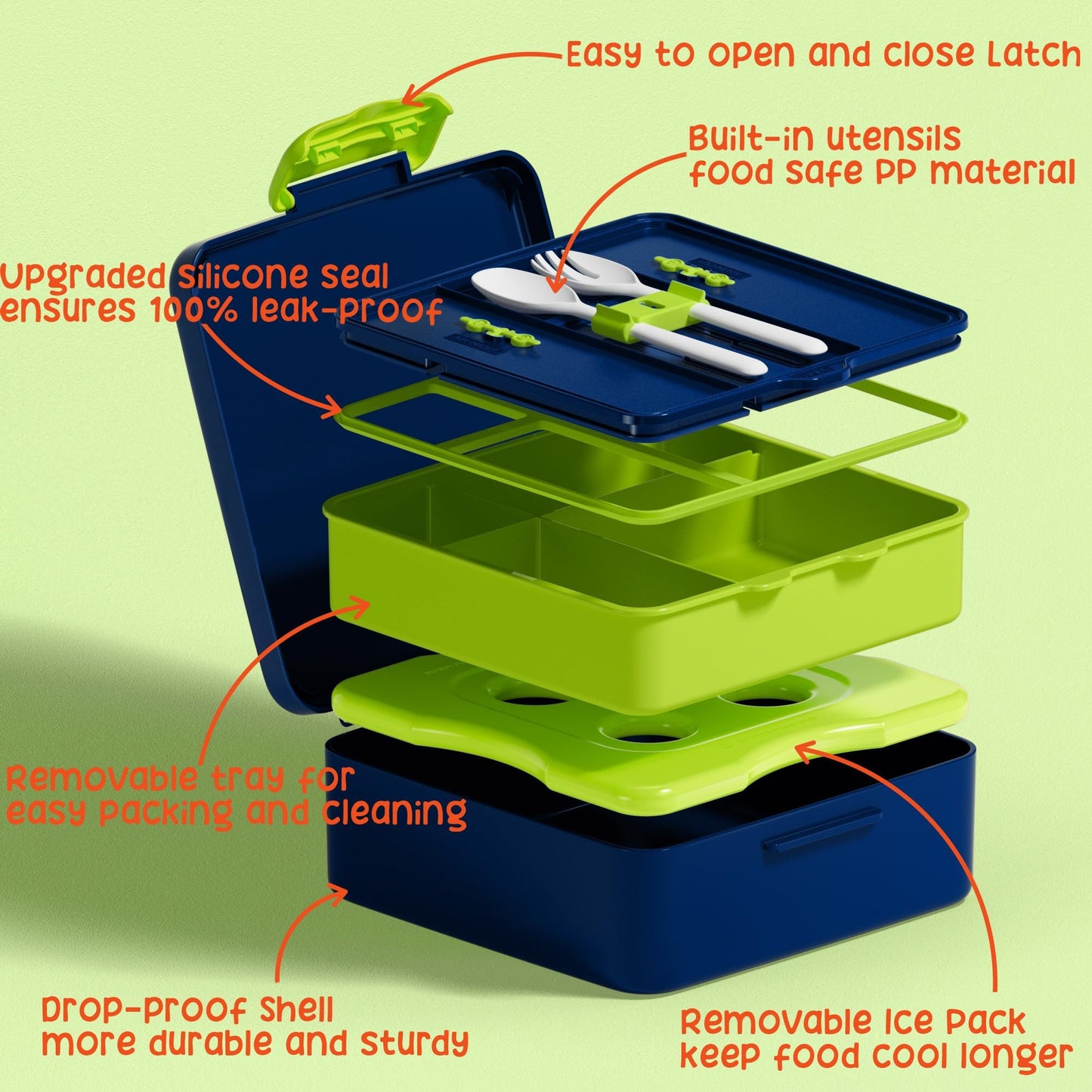 Fimibuke Chill Bento Box for Kids Adult, Leak Proof Toddler Lunch Box with Ice Pack Keep Food Cold, BPA Free 4 Compartment Lunch Container with Utensils for Girl Boy School, Microwave Dishwasher Safe