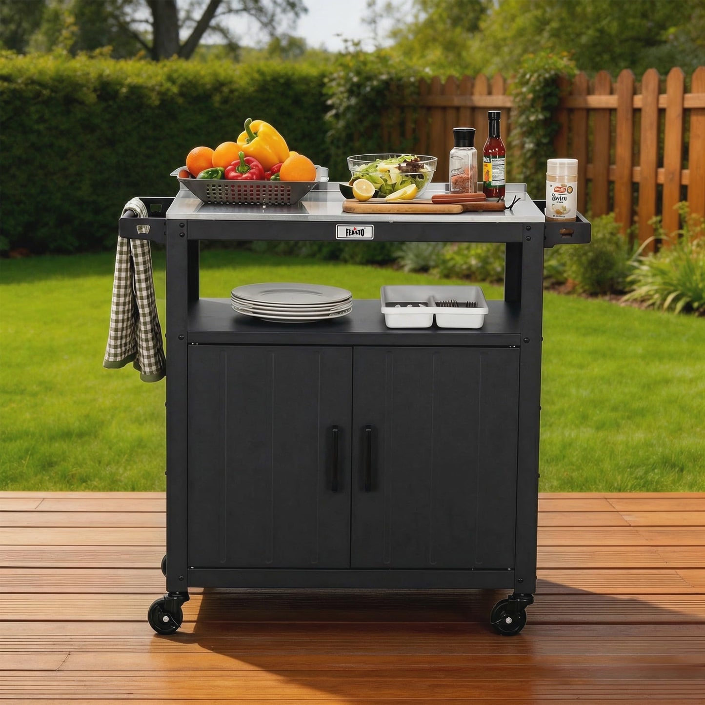 Feasto Outdoor Grill Cart with Stainless Steel Tabletop and Storage Cabinet, Movable Kitchen Island with Wheels for BBQ Food Prep, Black