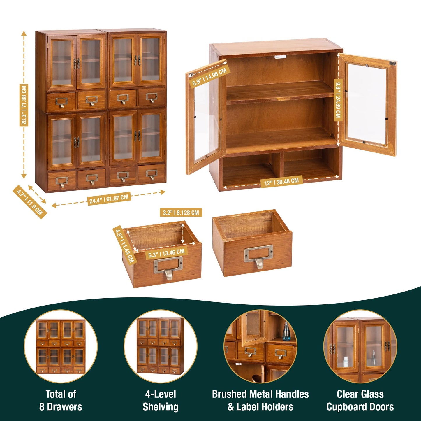 Stackable Modular Set of 4 Mini Cupboards - 8-Drawer Pantry Storage Cabinet - Dark Mahogany Wood Cabinets with 4 Glass Doors and 8 Shelves - Shelf Cabinet Storage Organization, Fully Assembled