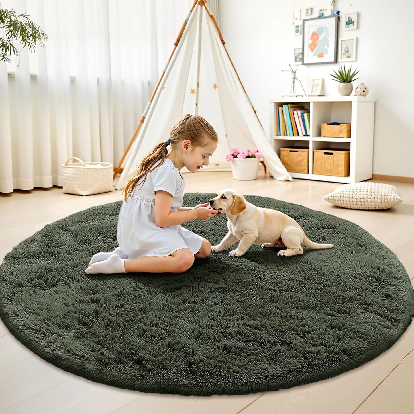 OLANLY Olive Green Round Rug - Soft, Fluffy Shag Area Rug, 6 ft Circle for Bedroom & Living Room Decor