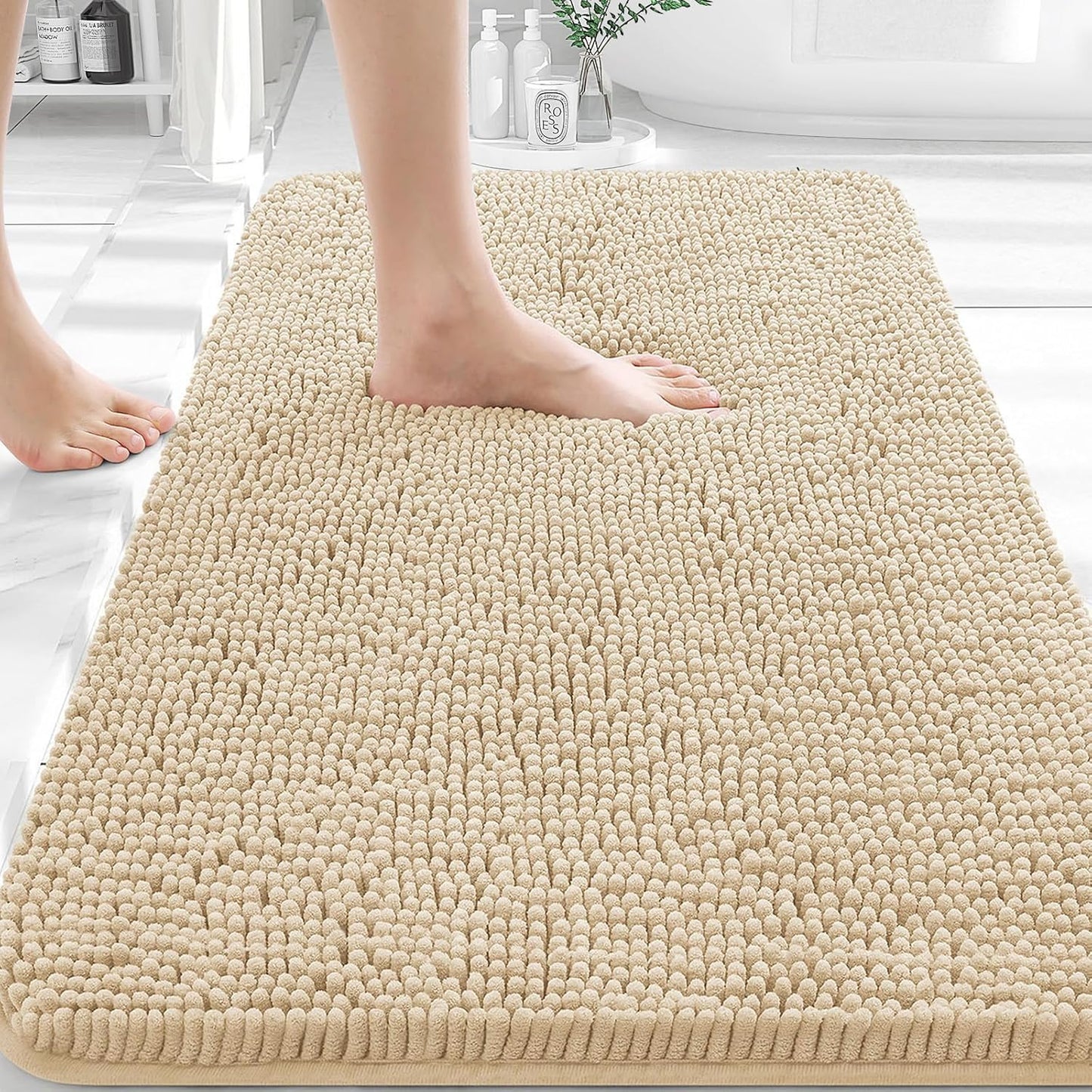 OLANLY Bathroom Rugs - Extra Soft Chenille Bath Mats with Rubber Backing | Quick Dry, 30x20, Beige