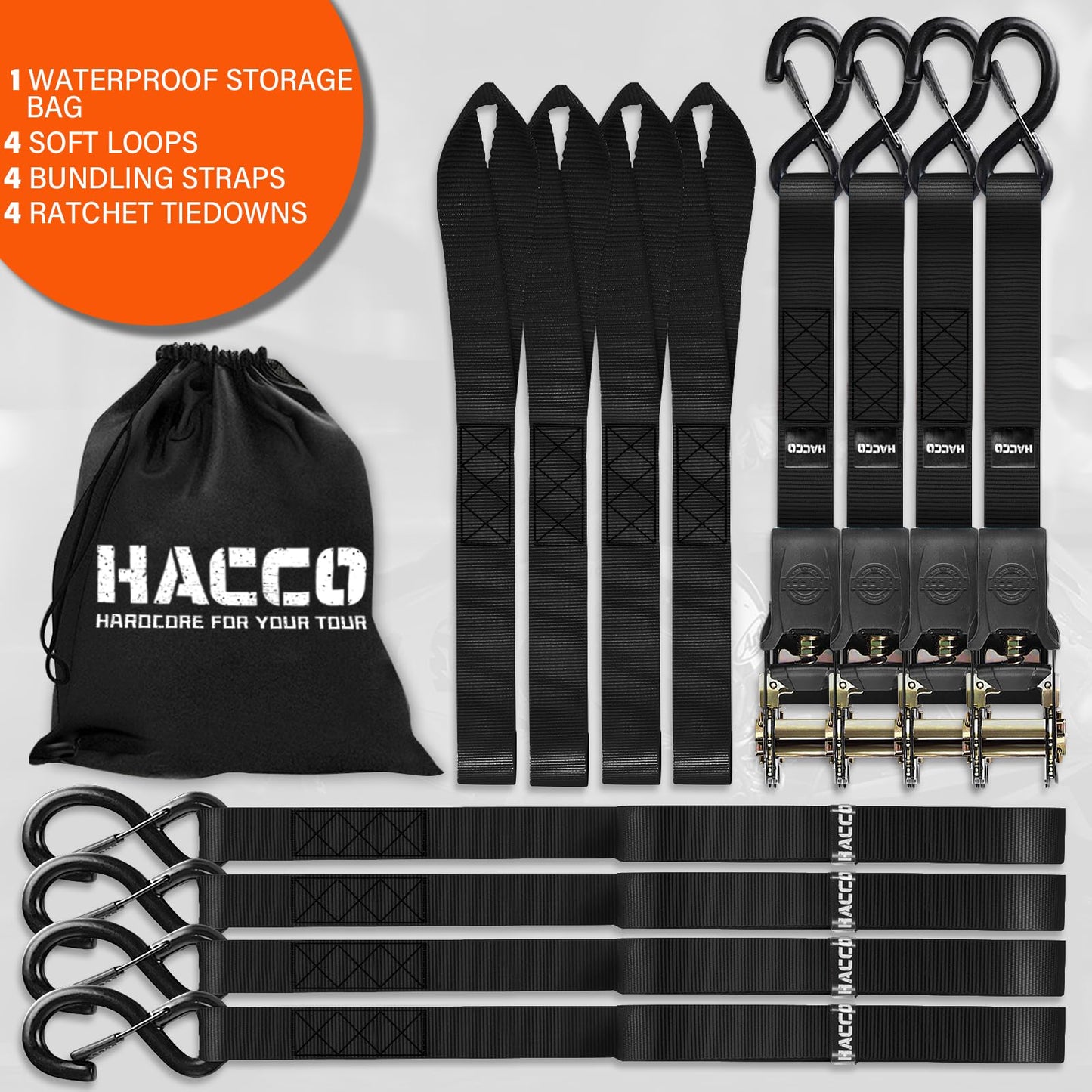 Haccoplanet Ratchet Tie Down Straps, 2340lb Break Strength, 4pc 1inch x 16FT Tie Down Strap Set with Padded Handles & Coated S Hook W/Safety Clip, Cargo Strap Tie Down for Motorcycle, Truck (Black)