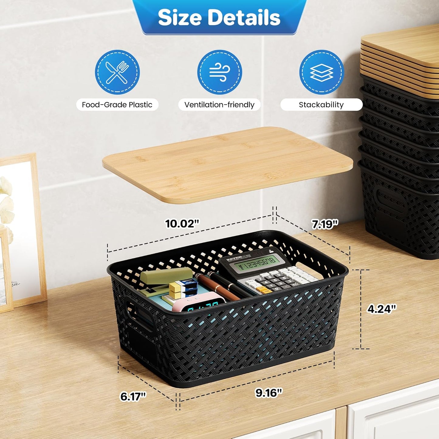 Anysig Plastic Storage Bins - 8 Pack Stackable Baskets with Bamboo Lids for Organizing | Black