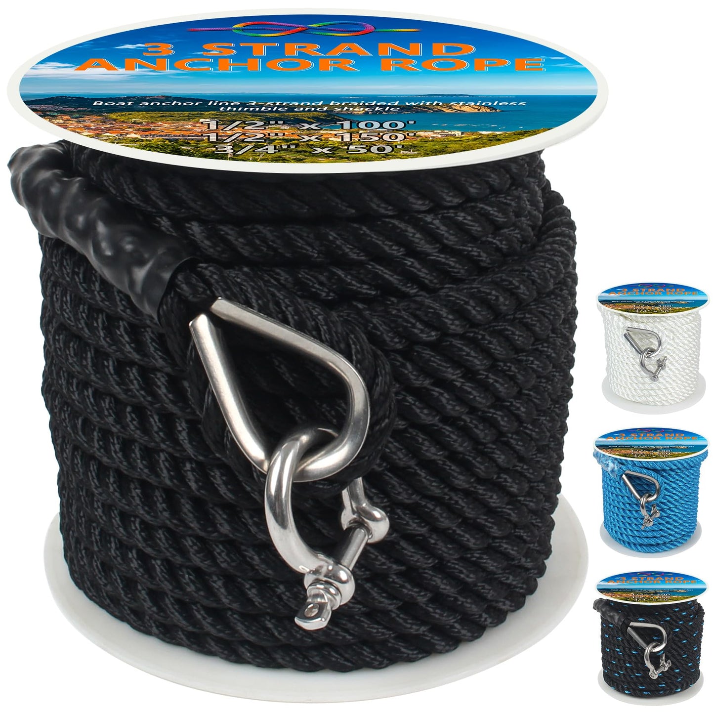 Anchor Rope 1/2 Inch 100 FT, Anchor Line 3 Strand Boat Rope with Stainless Steel Thimble & Shackle, Boat Anchor Rope Ideal for Towing Docking Mooring Boats Up to 35' - Black