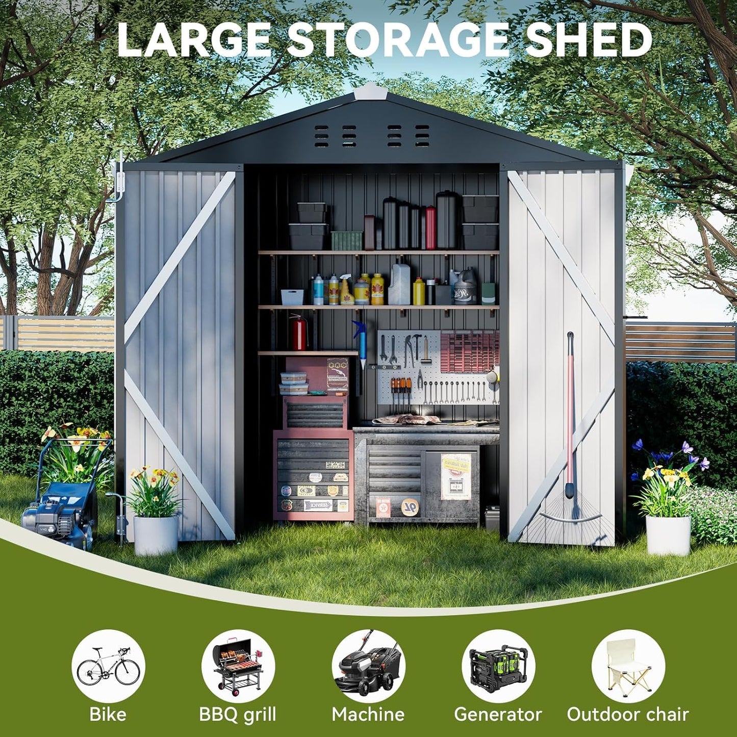 COMHOMA Shed Outdoor Storage Shed Metal,Lockable Doors Tool Sheds with Sloping Roof,Steel Garden Shed with Air Vent for Backyard,Patio,Lawn,Poolside(Grey,6'x4')
