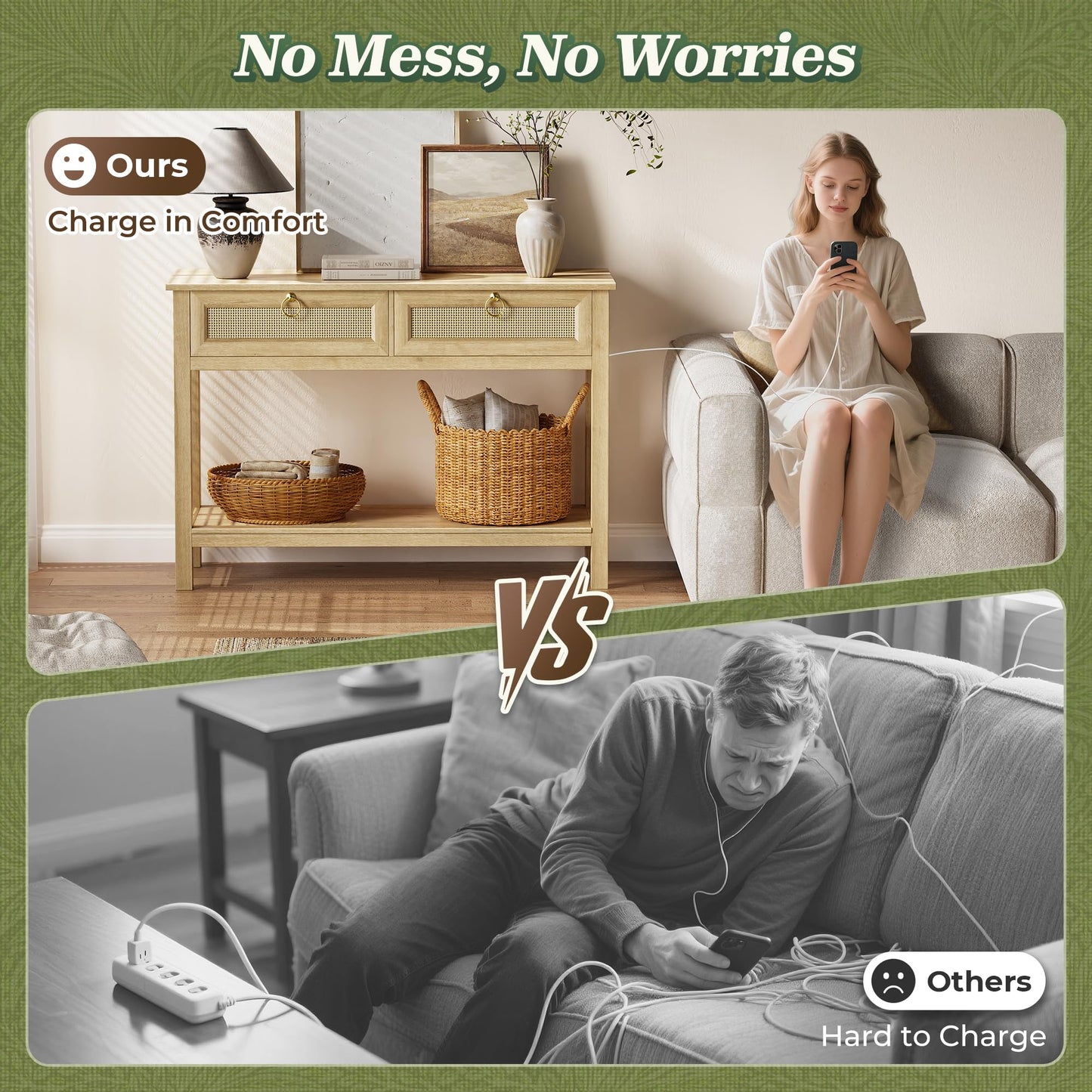 SUPERJARE Rattan Console Sofa Table with Outlets and USB-C Port, 2 Drawer Entryway Table with Synthetic Rattan Surface, 39 Inch, Open Shelf, Behind Couch Entry Foyer Hallway Storage, Natural