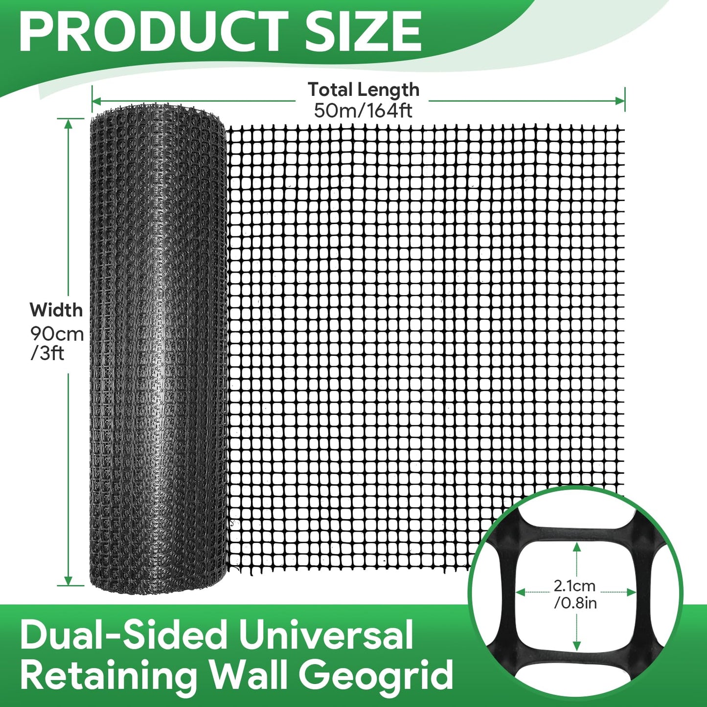 3ft x 164ft Retaining Wall Geogrid, Bi-Directional Universal Gravel Grid Geogrid, Heavy-Duty Bi-Directional Driveway Support Grid for Soil Reinforcement, Grid Size(2.1 × 2.1cm), Black