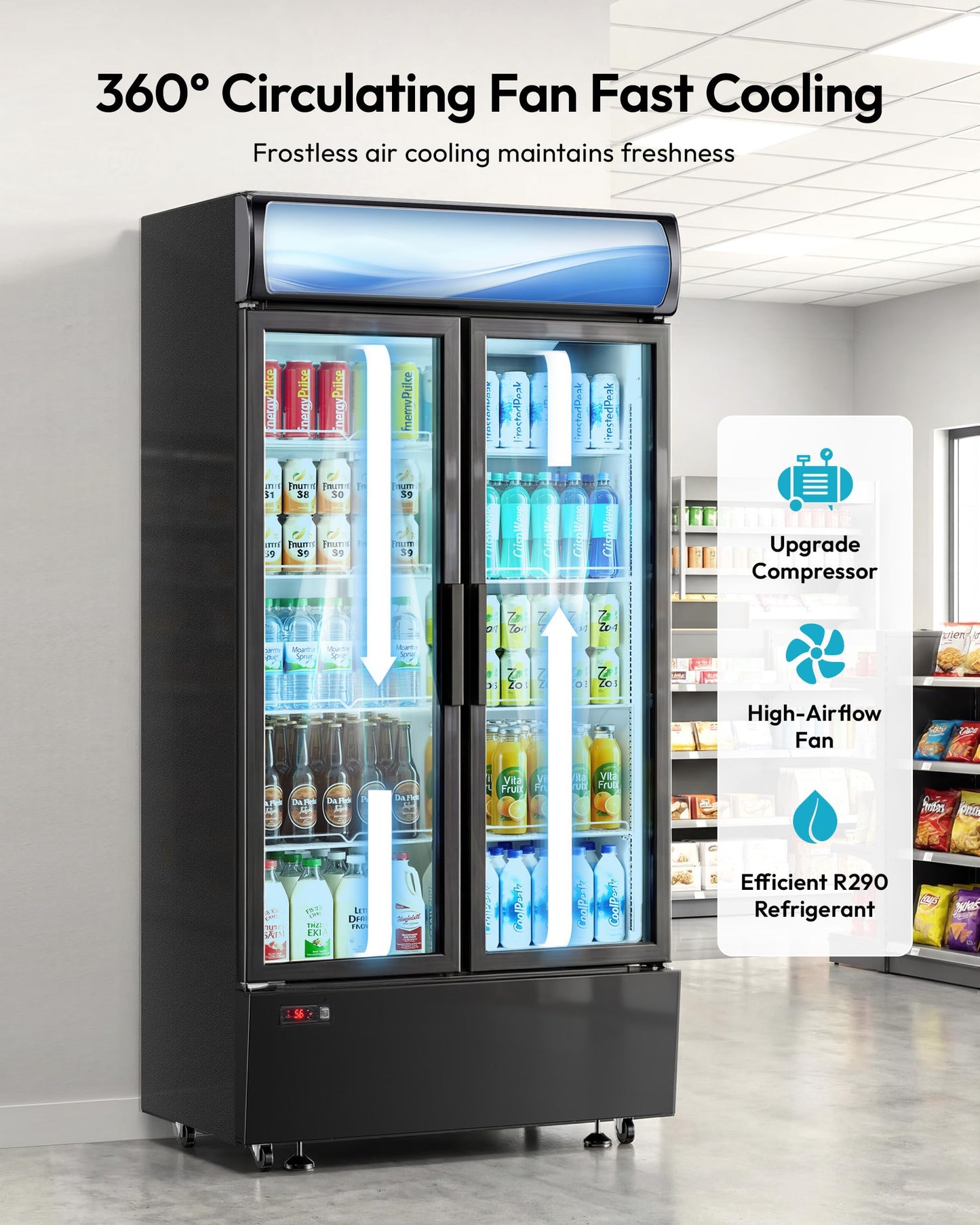 ICEVIVAL 20 cu.ft Beverage Fridge, Commercial Refrigerators with LED Light, 2 Glass Door Drink Merchandiser with 8 Adjustable Shelves, 32-50°F Digital Control ETL Certified Black