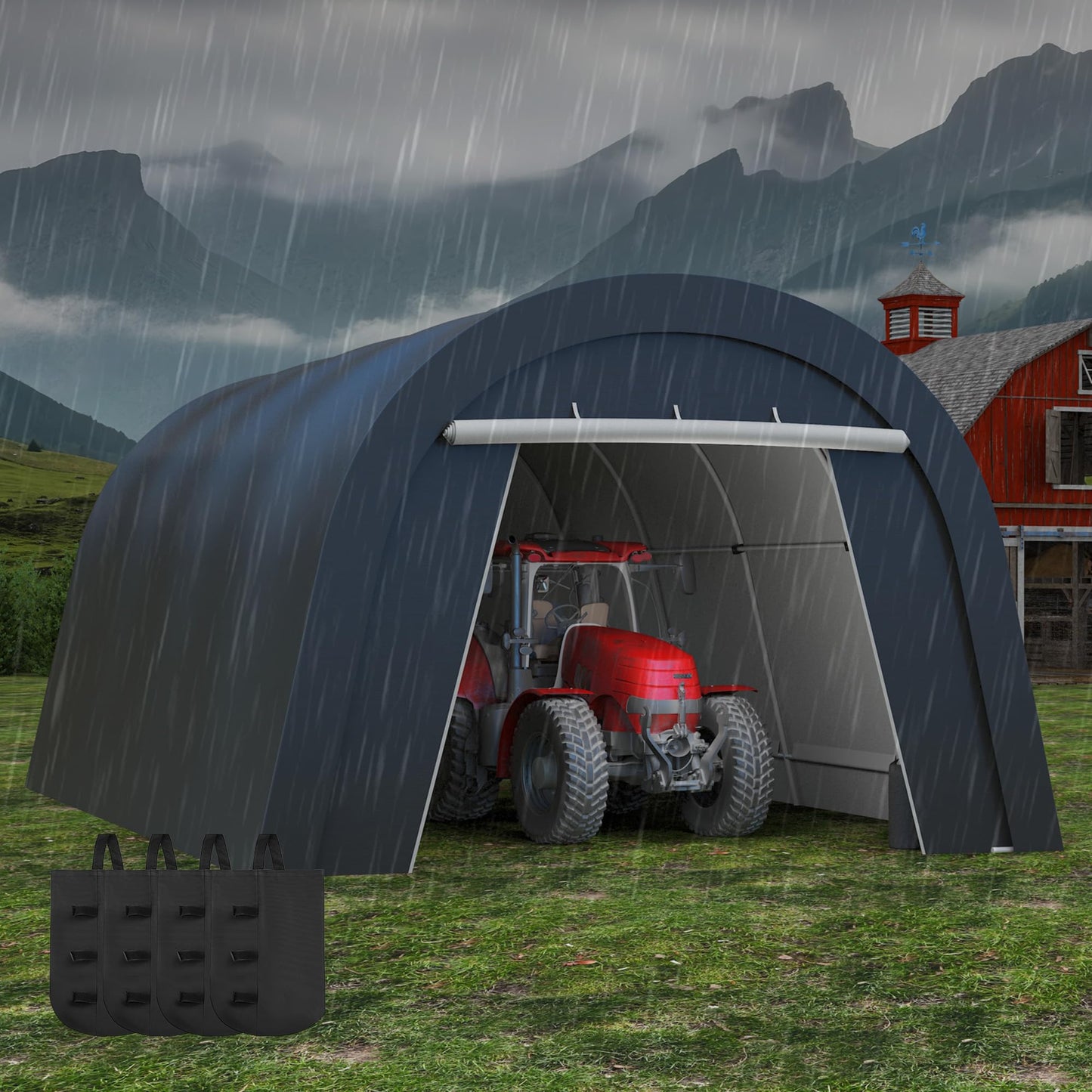 Kiss the Water Heavy Duty Domed Carport with 4 Cloth Bags and 2 Roll-up Doors, Portable Garage Storage Shelter Shed for Cars, Truck, or Garden Tools, 13' x 20'