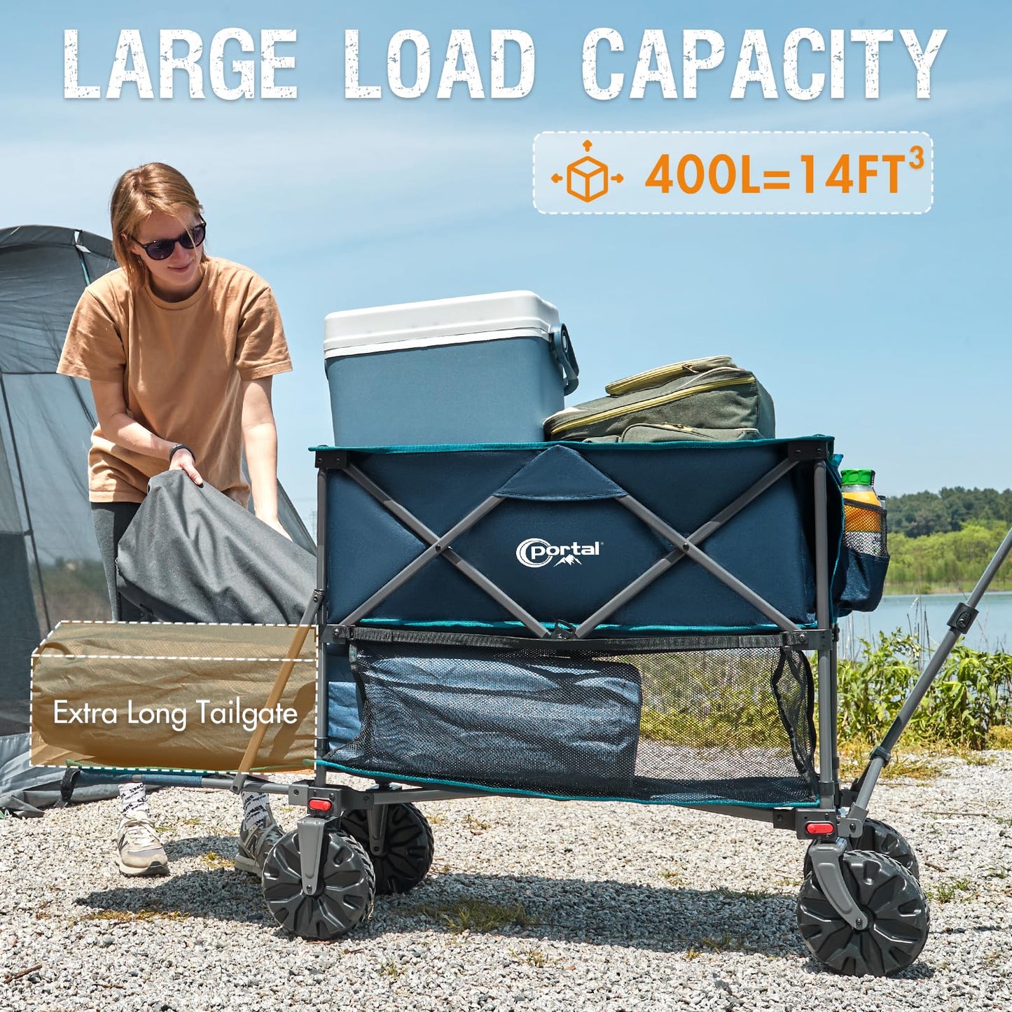 Portal Collapsible Double Decker Wagon Folding Utility Cart with Tailgate, Beach Wagons with Big Wheels, 660LB Heavy Duty Foldable Wagon 14 FT³ Large Capacity for Camping, Sports, Garden