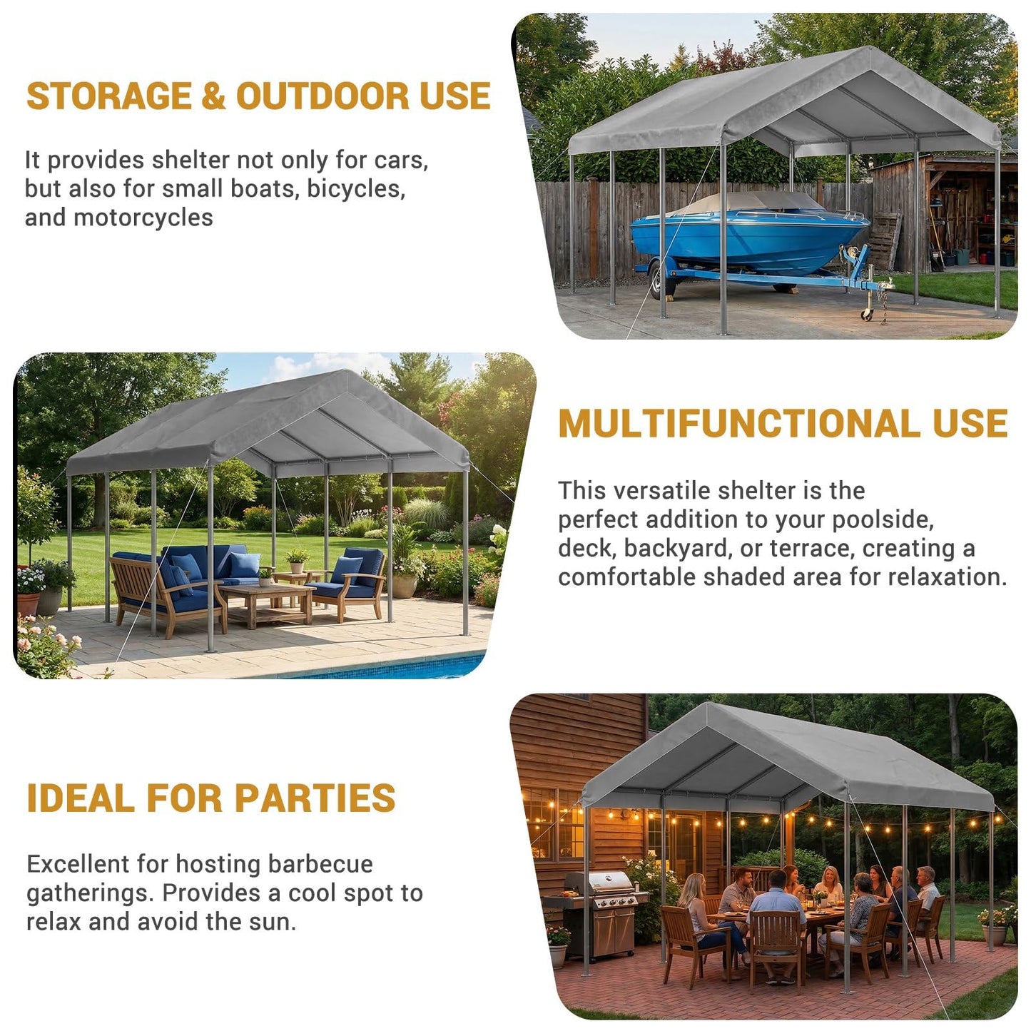 Aoxun Carport 10x20 ft Heavy Duty Carport Canopy, Adjustable Height Potable Car Canopy for Cars, Boats, Trucks, Outdoor Carport Shelter Portable Garage with Reinforced Frame, Gray