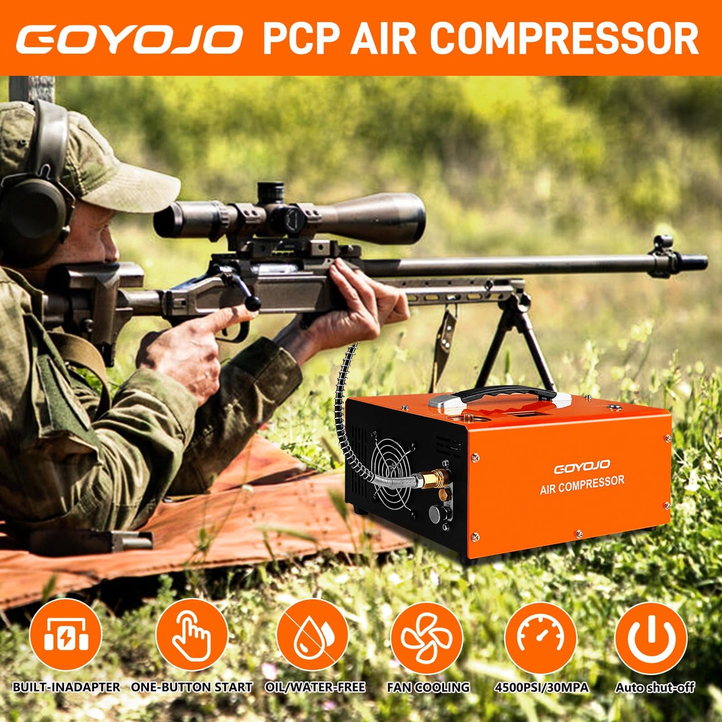 GOYOJO PCP Air Compressor, Max 4500 PSI / 300 Bar, Fast Fill for Airguns or Paintball Tank, Auto Shut-Off, Dual Power Car 12V DC or Home 120V AC, Built-in Cooling Fan, 300W Portable Pcp Pump