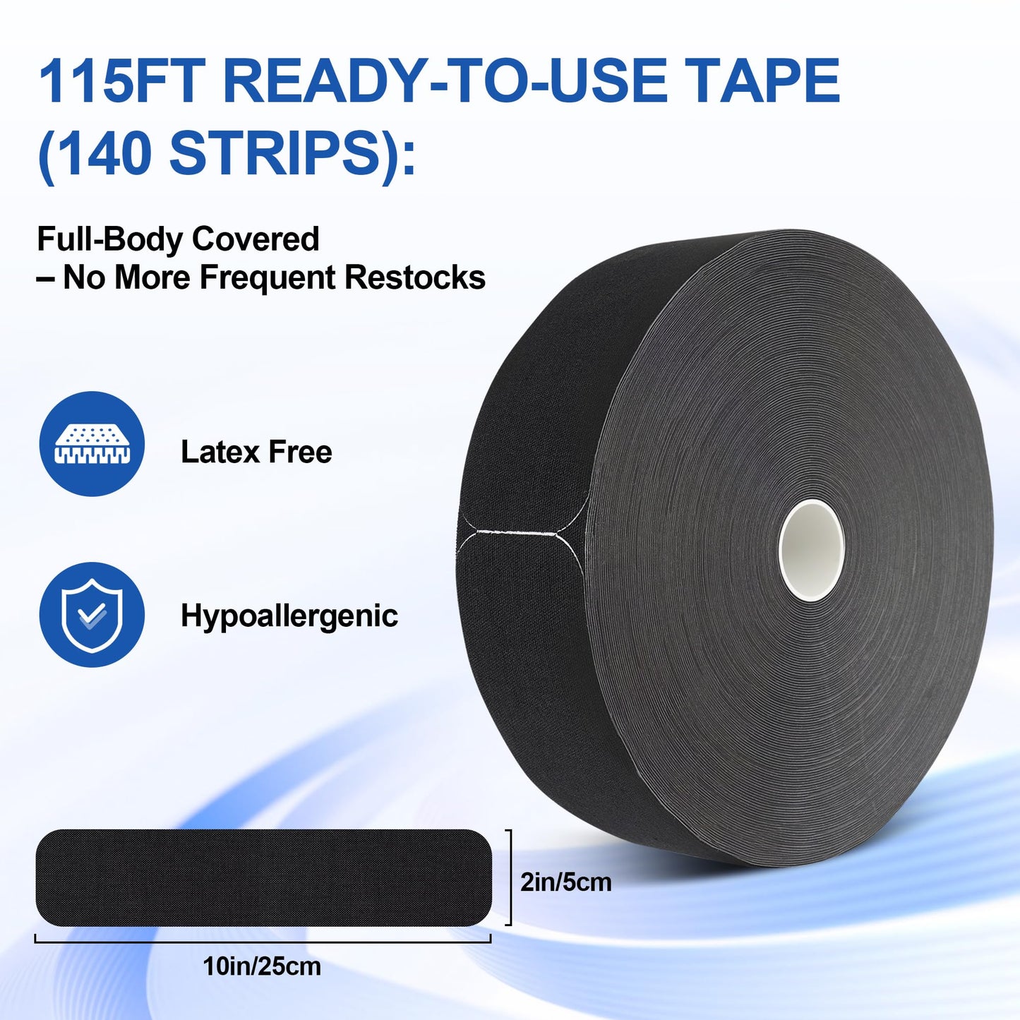 PHYTOP Kinesiology Tape Precut - 115ft (140 Strips) Bulk Roll, Latex-Free & Water-Resistant Athletic Tape - Muscle & Joint Support for Sports, Workouts (Black)