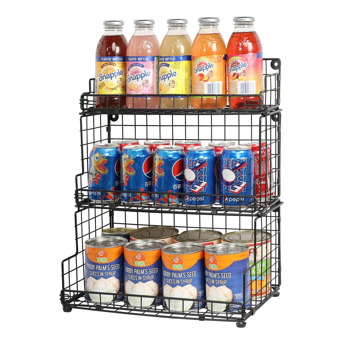 X-cosrack Stackable Wire Basket 3 Tier Countertop& Wall Mounted Metal Storage Basket for Kitchen Pantry Cabinet, Muti-functional Open Front Bin Organizer for Food Fruit Snack, Black