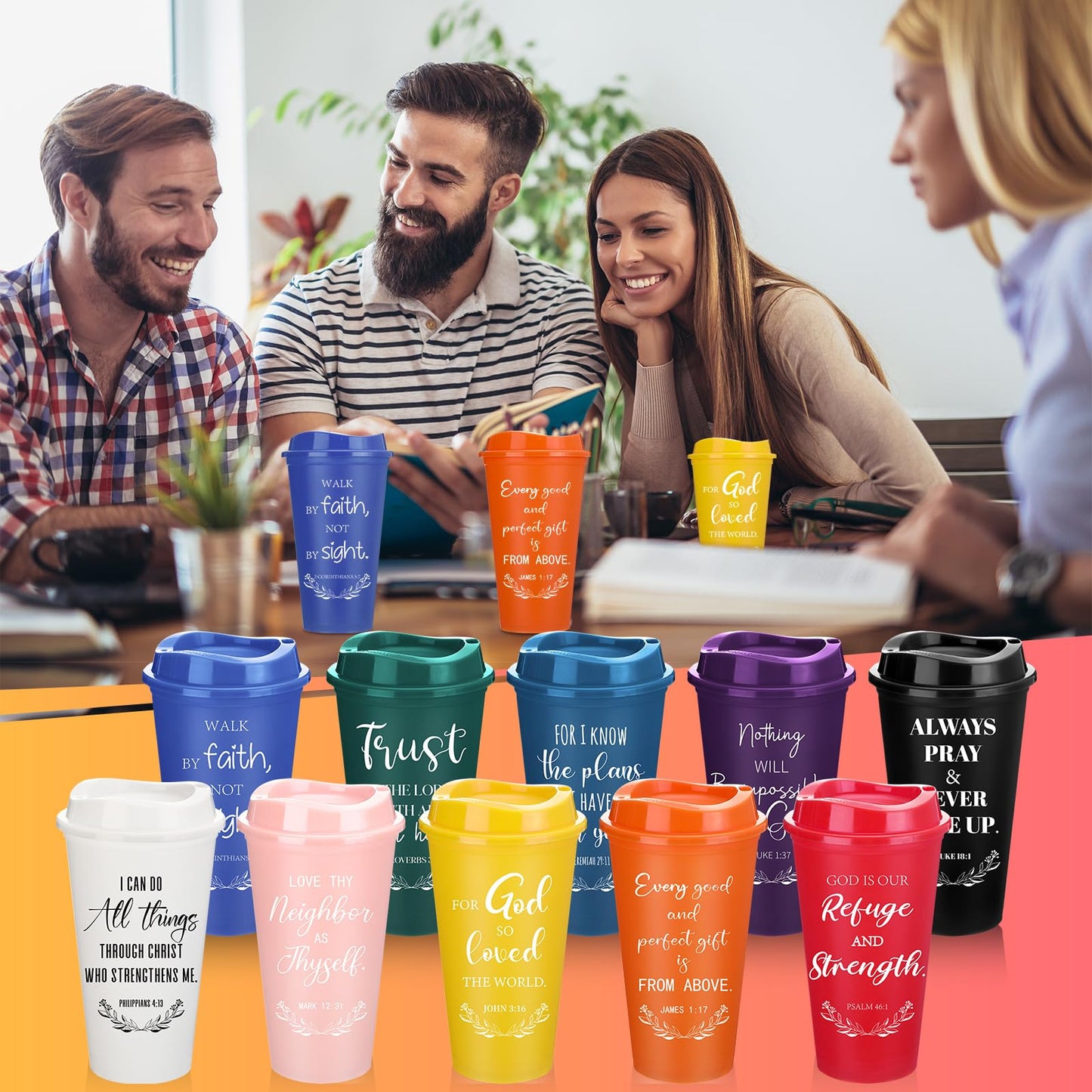 Skylety 20 Pack Christian Gifts for Men Women 16oz Reusable Bible Verse Tumbler Bulk Plastic Coffee Cup with Lid Inspirational Religious Church Gift for Mother Father Birthday (Multicolor)