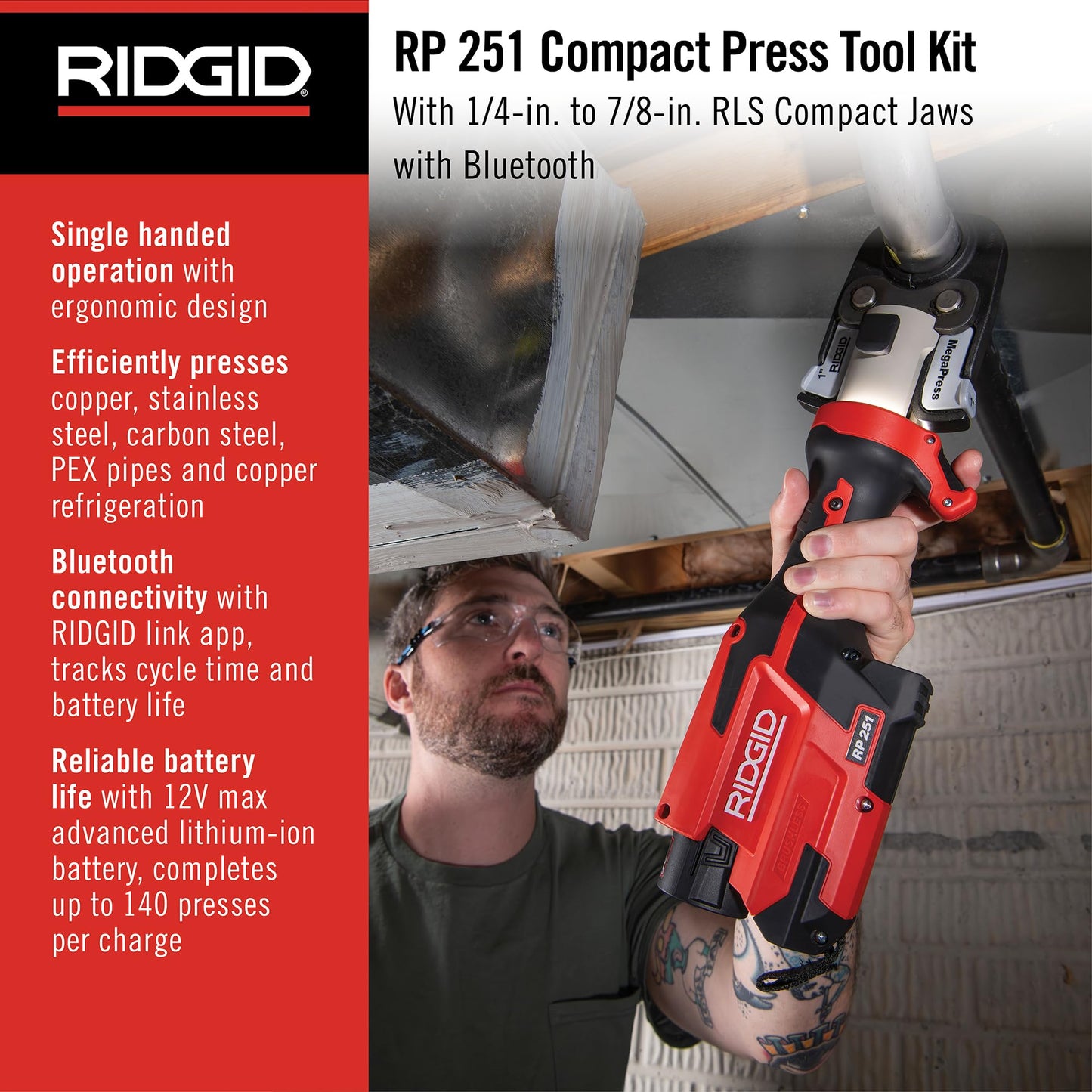 RIDGID 78248 RP 251 Compact Press Tool Battery Kit with RLS Jaws (1/4" to 7/8"), In-Line Pressing Tool for Copper, Stainless Steel, PEX, and Carbon Steel