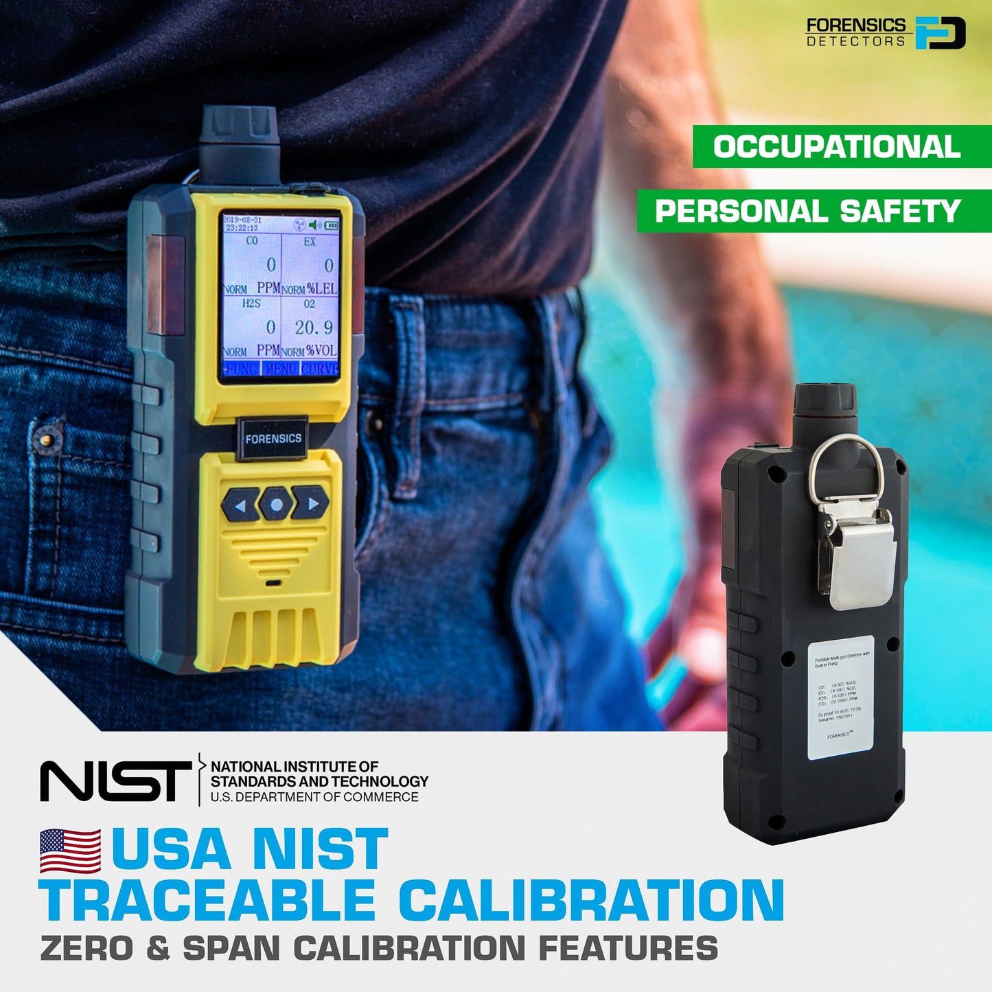 4 Gas Monitor by Forensics | Built-in Pump Multi Gas Meter | O2, CO, H2S, LEL | Color Display & Graphing | USA NIST Calibration | Computer Data Logging |
