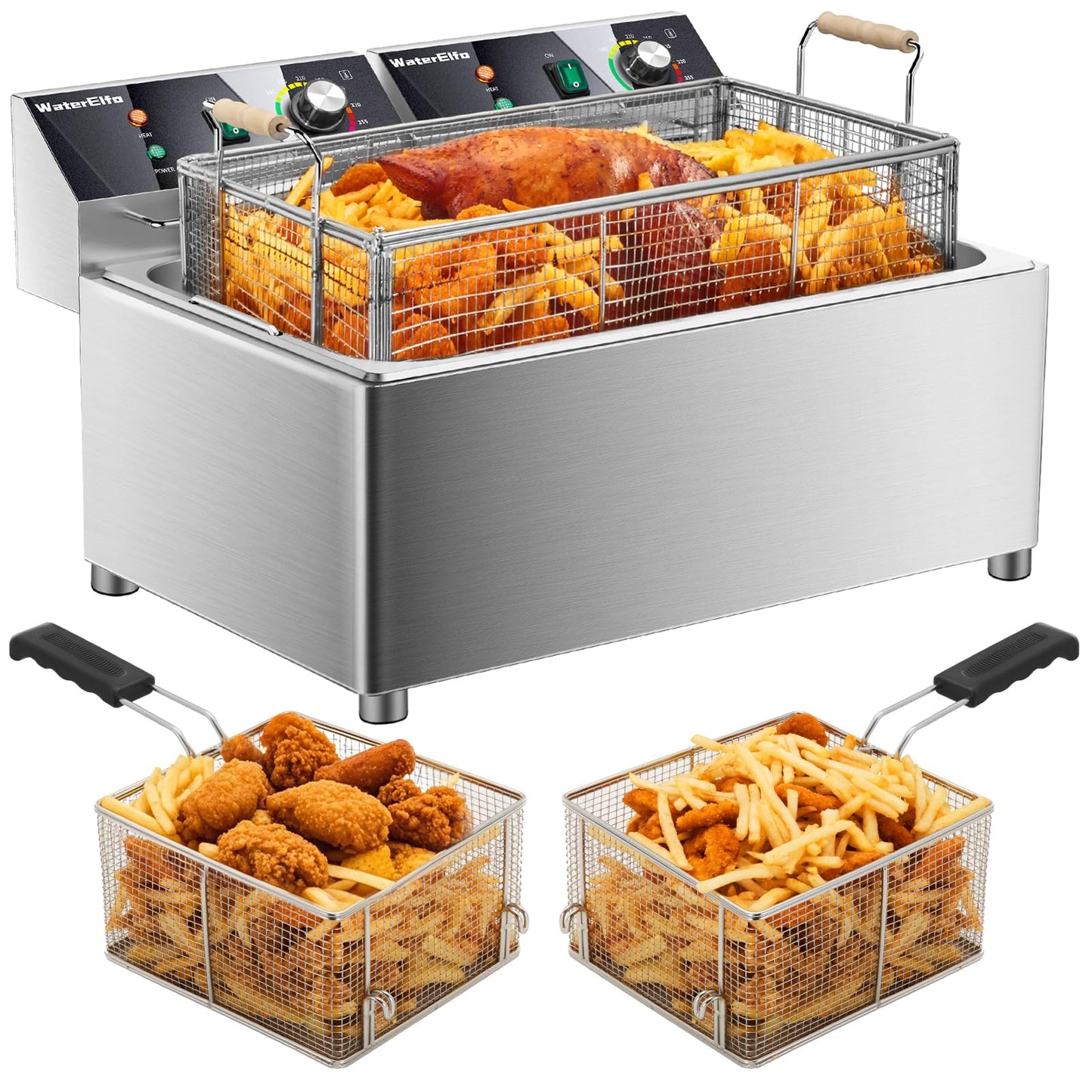 WaterElfo electric turkey fryer Commercial deep fryer with basket 3600W27.4QT with timer26L deepen deep fryer Variable twin cylinder 13.7QT*2 Rapid heating