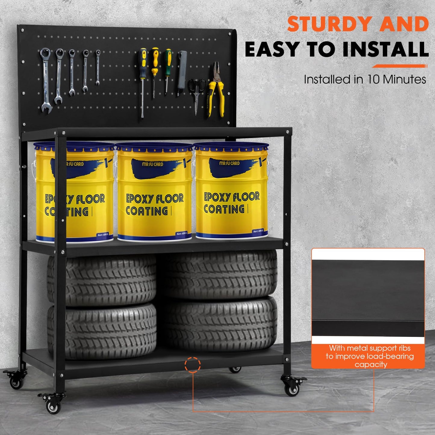 OLBRUS 50.4 X 33.4 Inch Workbench,Heavy Duty 200LBS Steel Work Bench with Pegboard and Lockable Wheels, Rolling Tool Storage Work Table for Garage Workshop Warehouse (50.4" X 33.4")