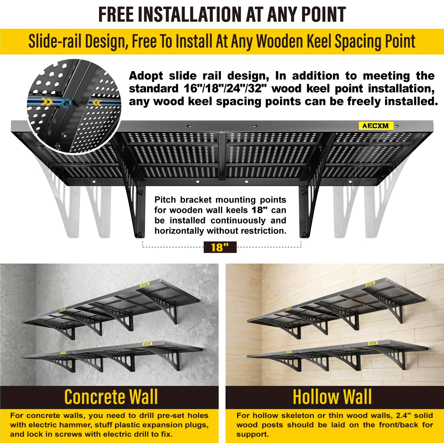 Aecxm 4-Pack 2x3ft Adjustable Garage Wall Shelving 1120lbs Load Capacity Heavy Duty Wall Mounted Storage Shelf Metal Floating Shelves for Garage(Black)