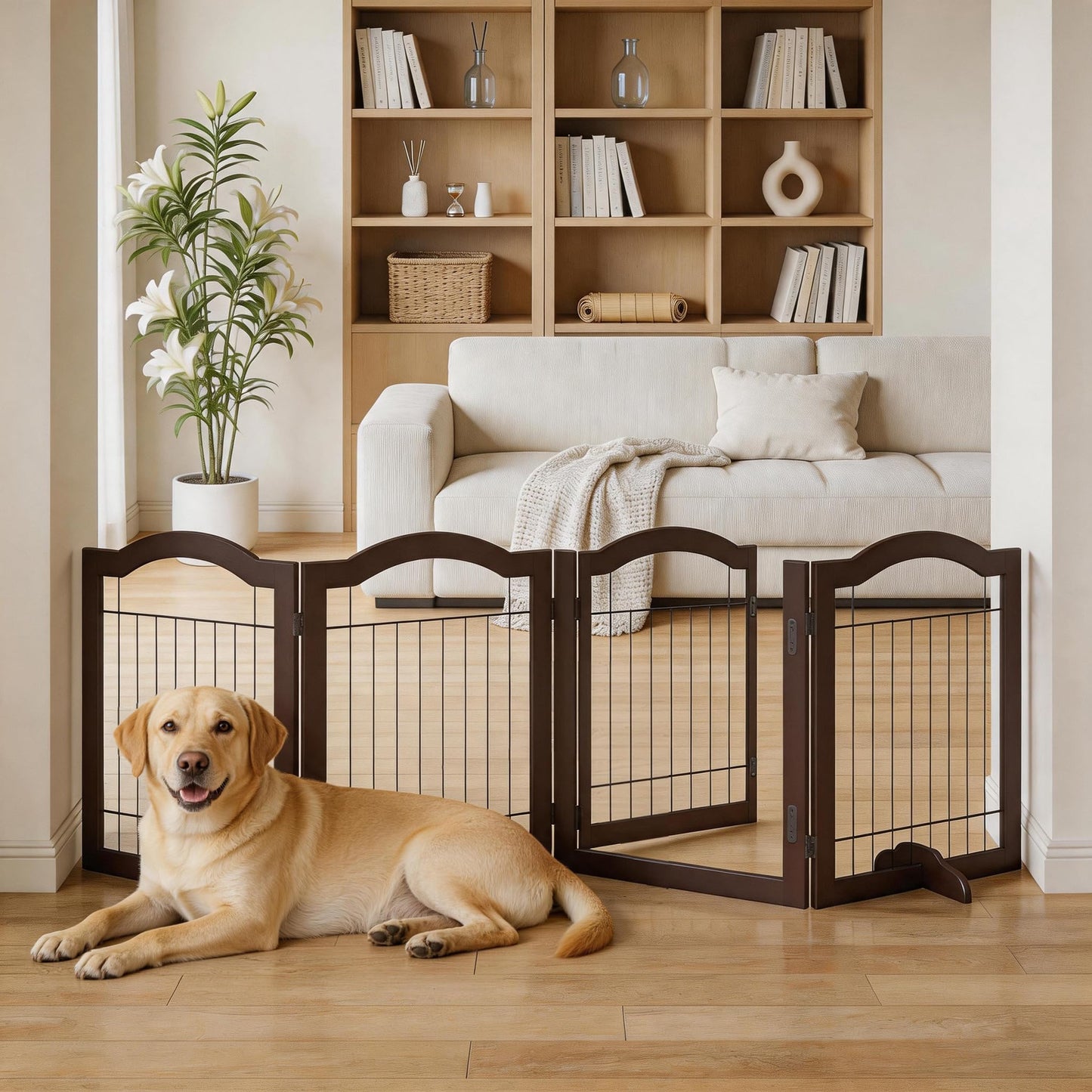 Vantas Folding No-Assembly Dog Door Pet Gate 96" Wide, 30" Tall Wooden Dog Gate with Door Walk Through, Freestanding Wire Pet Gate, Pet Puppy Safety Fence, with 2PCS Support – Espresso